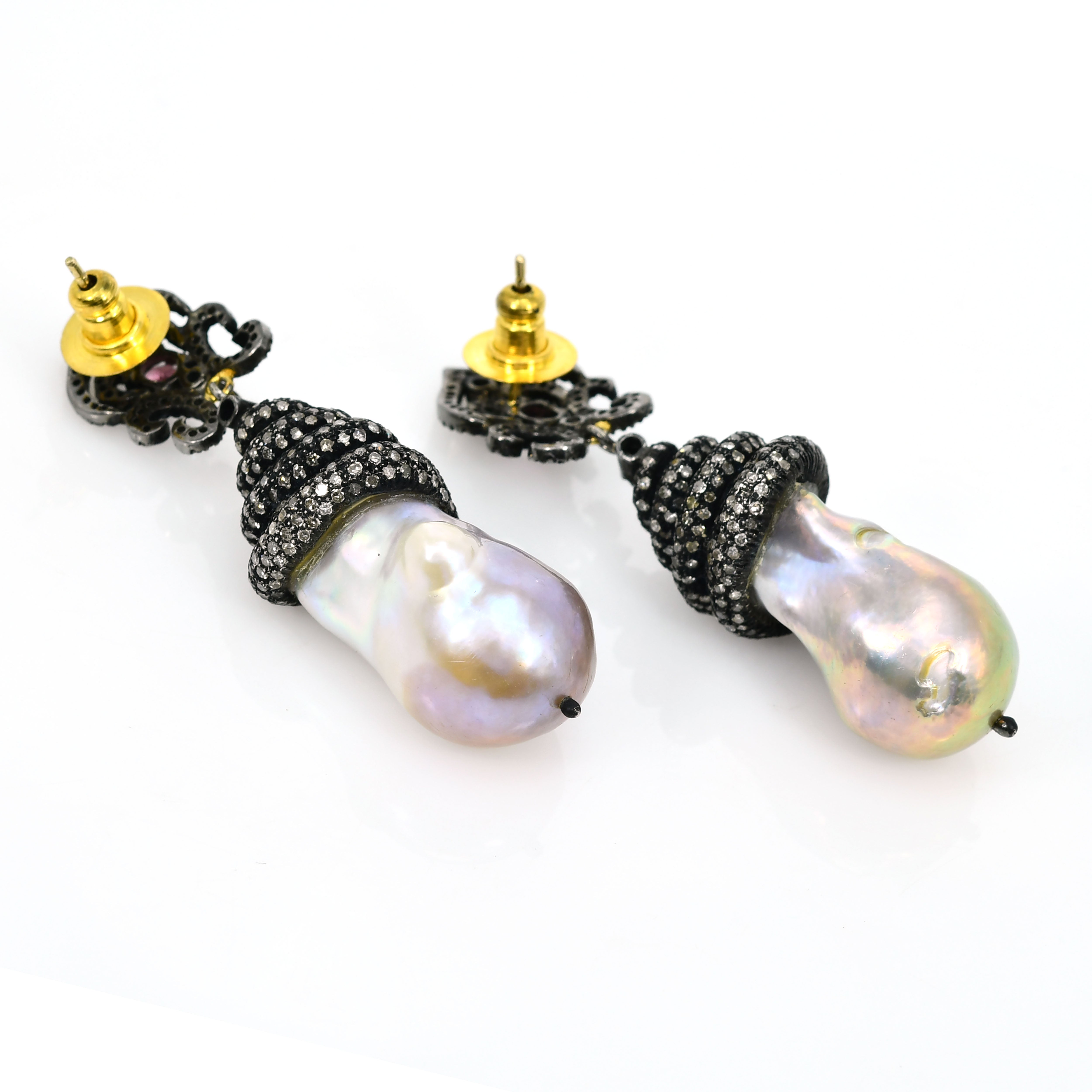 Silver & Gold Diamond Earrings with Pink Sapphire & Pearl Dangles