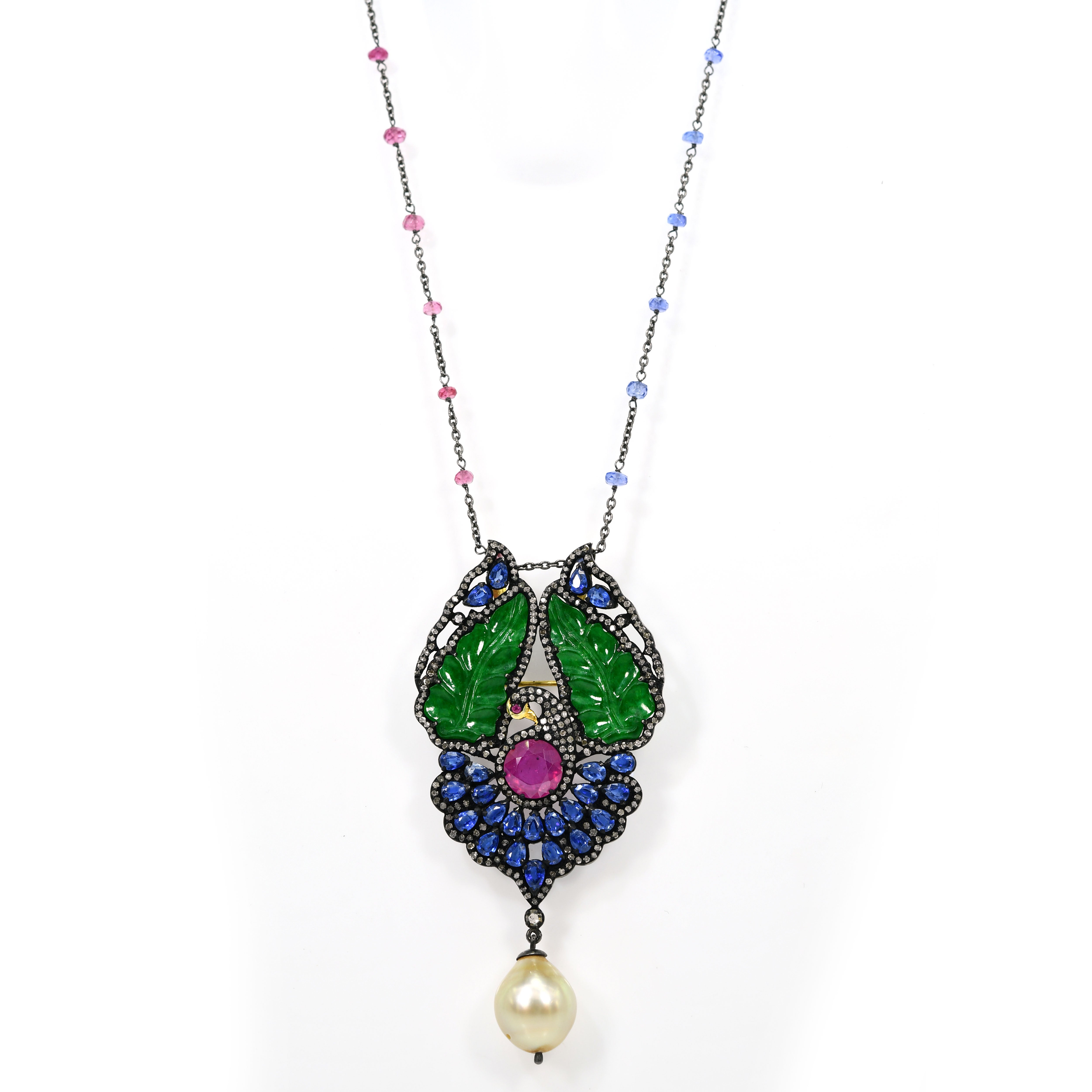 Victorian Kyanite & Sapphire Pendant-Brooch with Rose-Cut Diamond