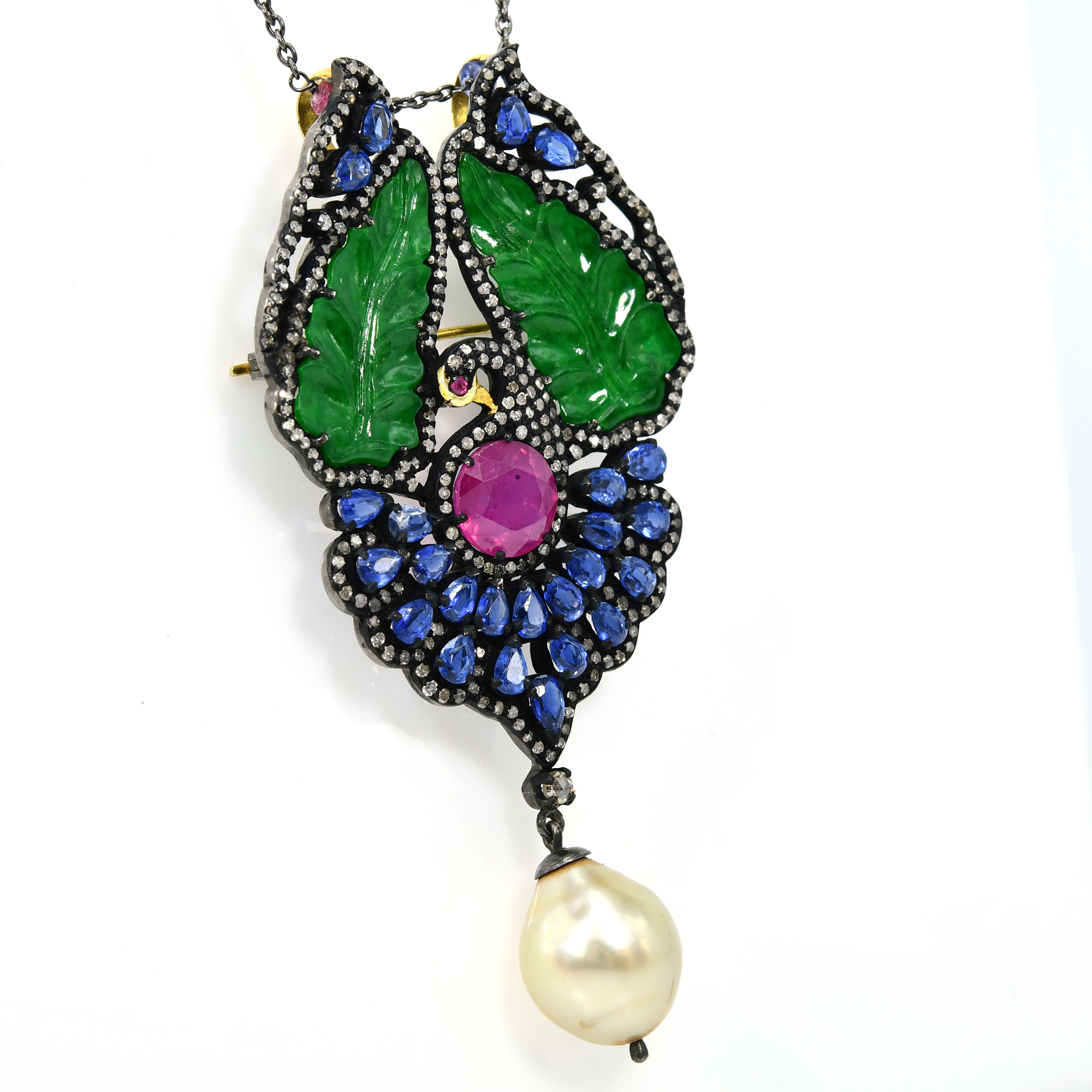 Victorian Kyanite & Sapphire Pendant-Brooch with Rose-Cut Diamond