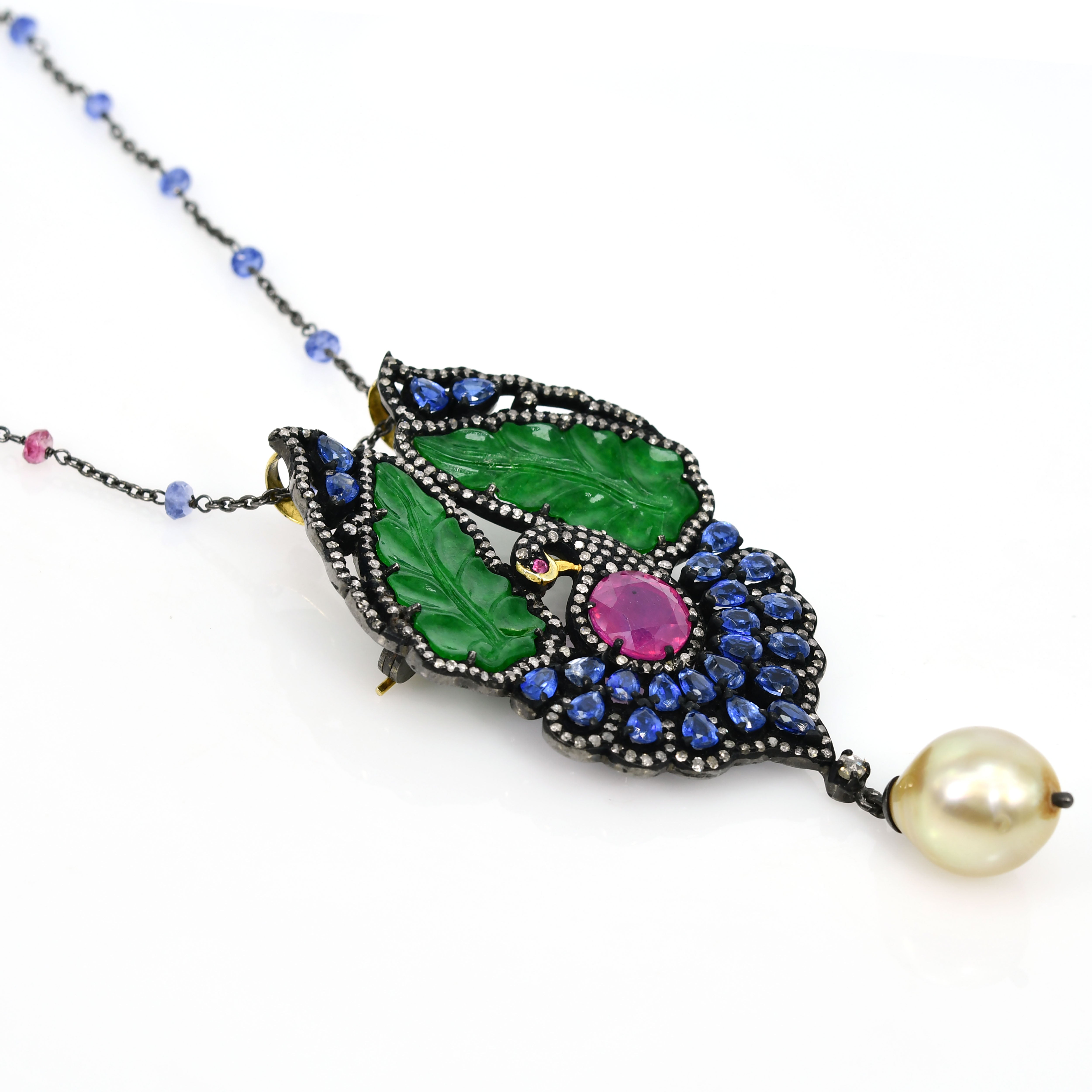 Victorian Kyanite & Sapphire Pendant-Brooch with Rose-Cut Diamond
