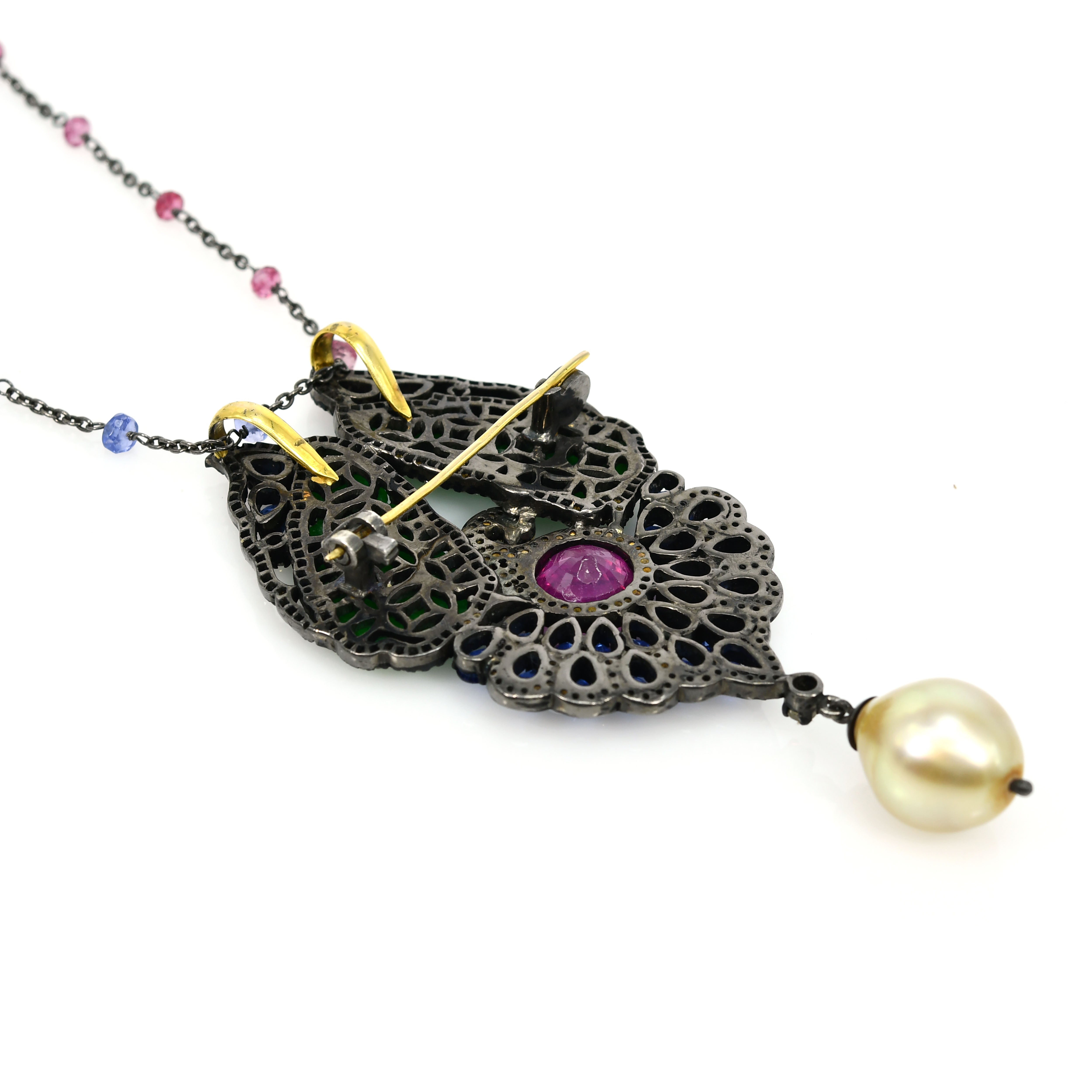 Victorian Kyanite & Sapphire Pendant-Brooch with Rose-Cut Diamond