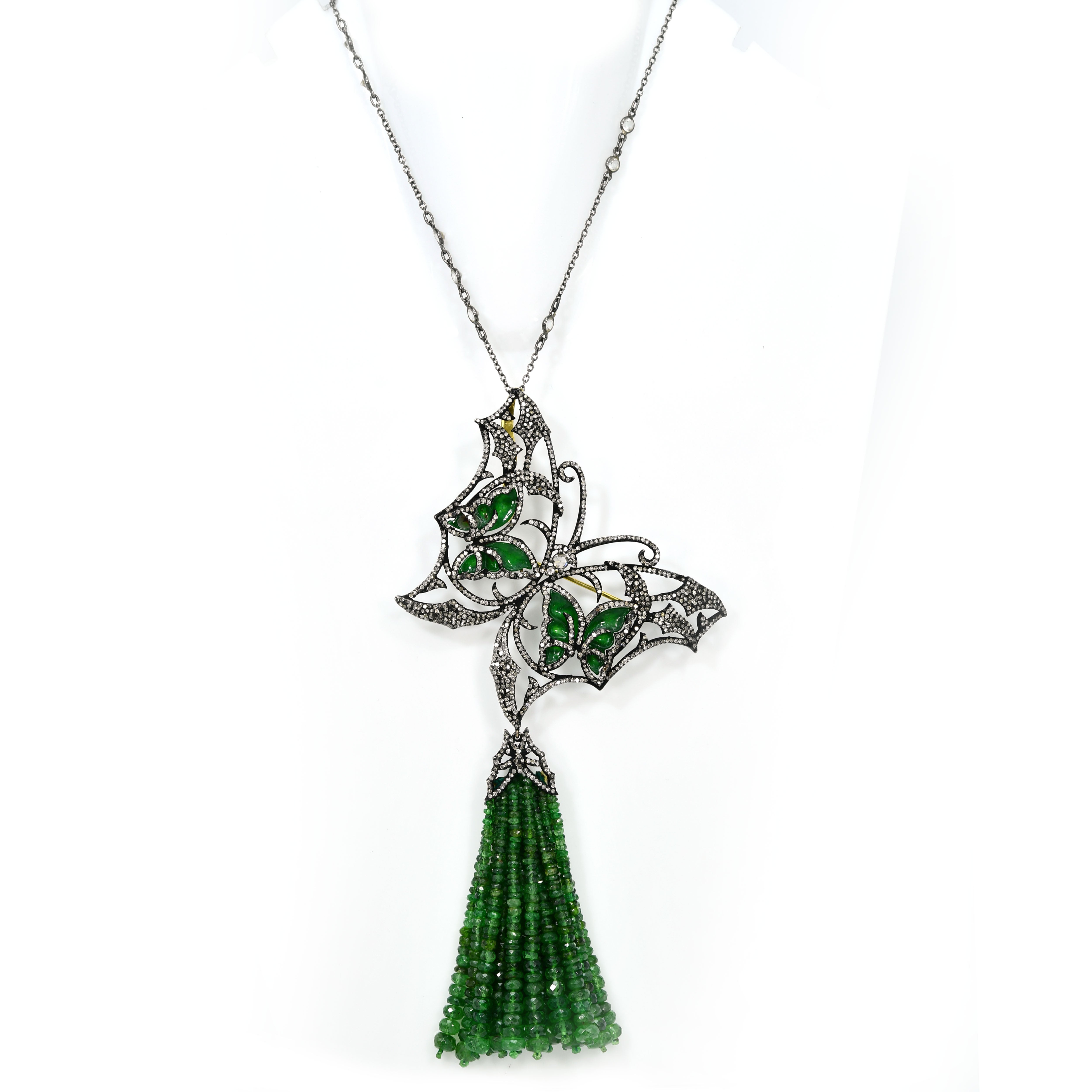 Yellow Gold & Silver Victorian Emerald Butterfly Pendant-Brooch with Diamonds