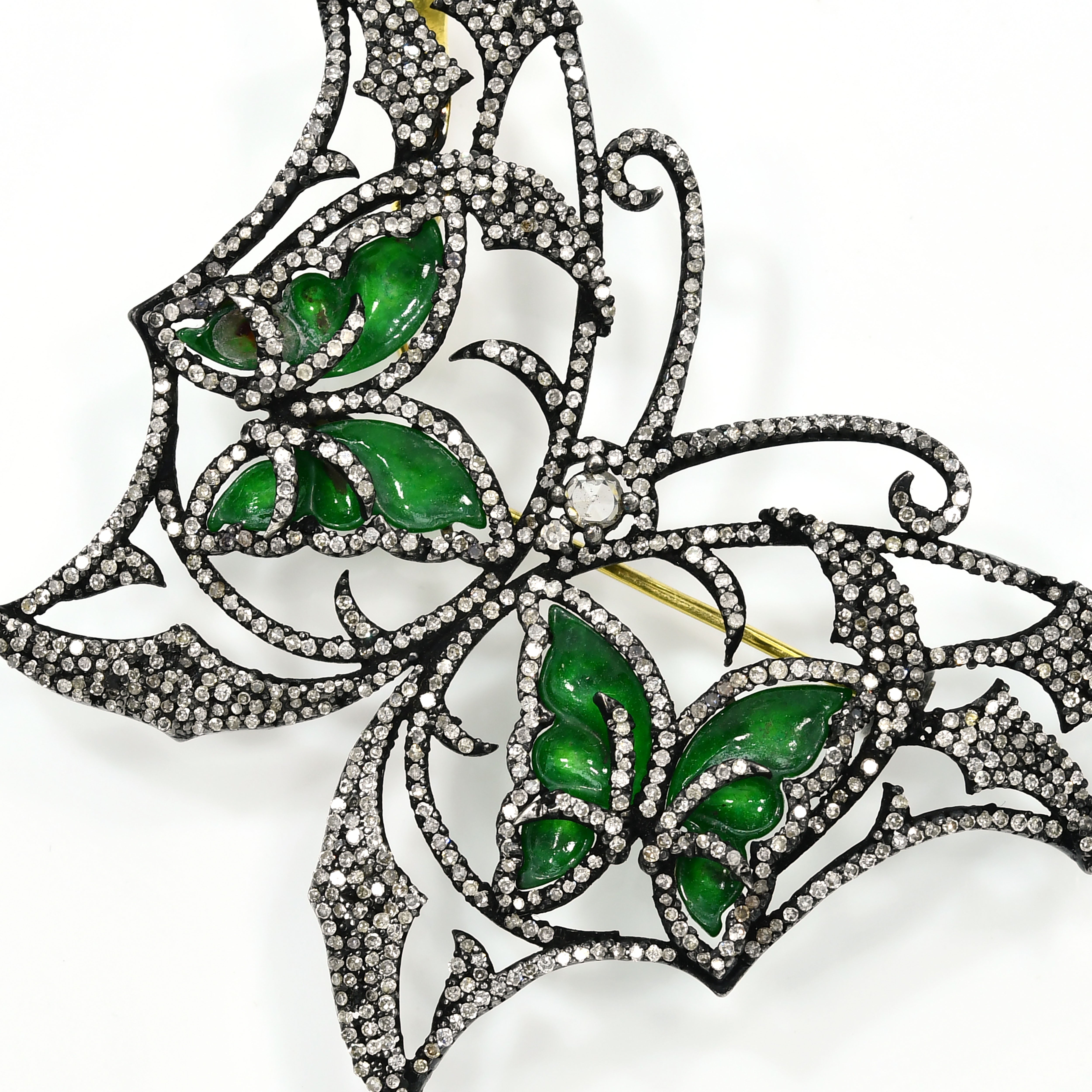 Yellow Gold & Silver Victorian Emerald Butterfly Pendant-Brooch with Diamonds