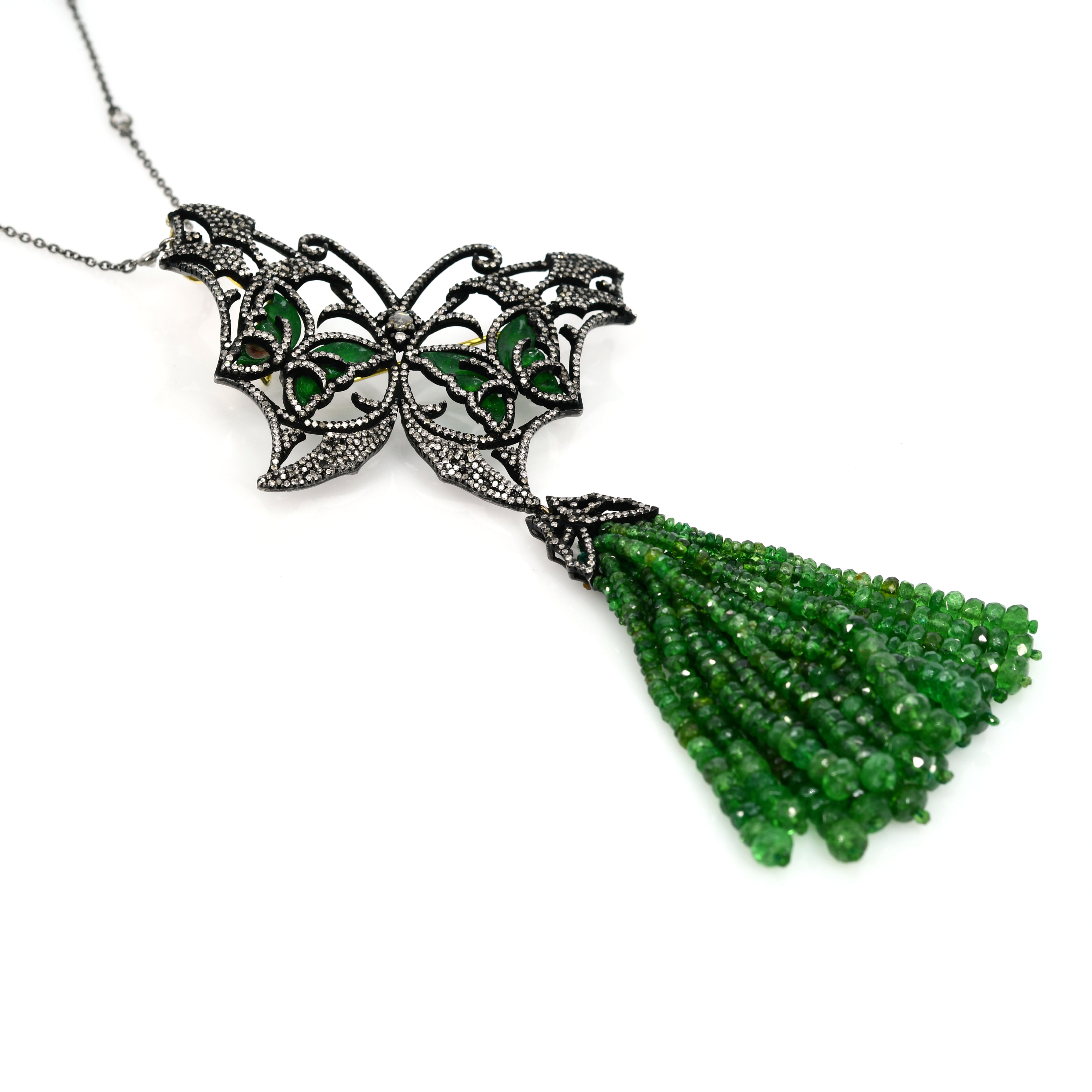 Yellow Gold & Silver Victorian Emerald Butterfly Pendant-Brooch with Diamonds