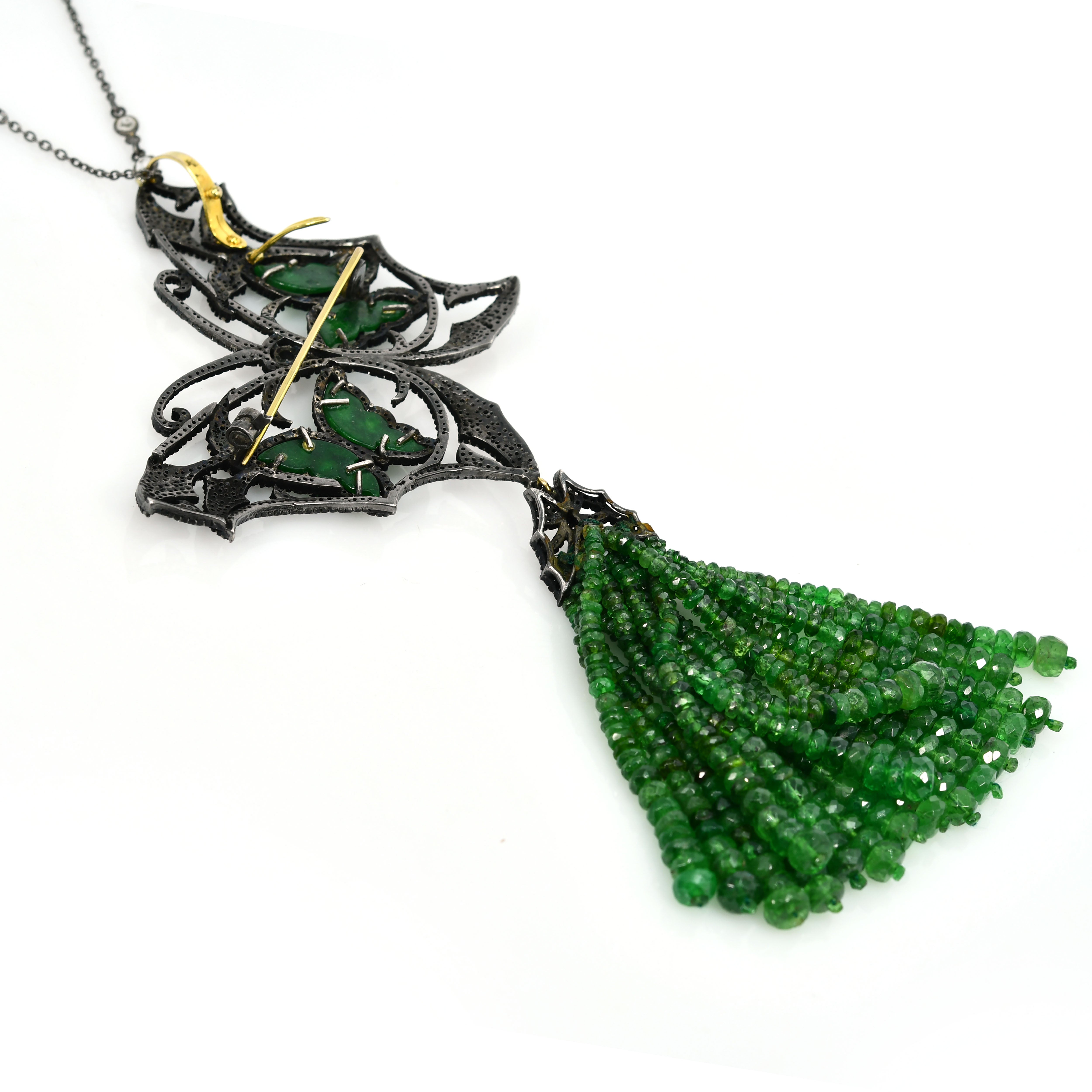 Yellow Gold & Silver Victorian Emerald Butterfly Pendant-Brooch with Diamonds