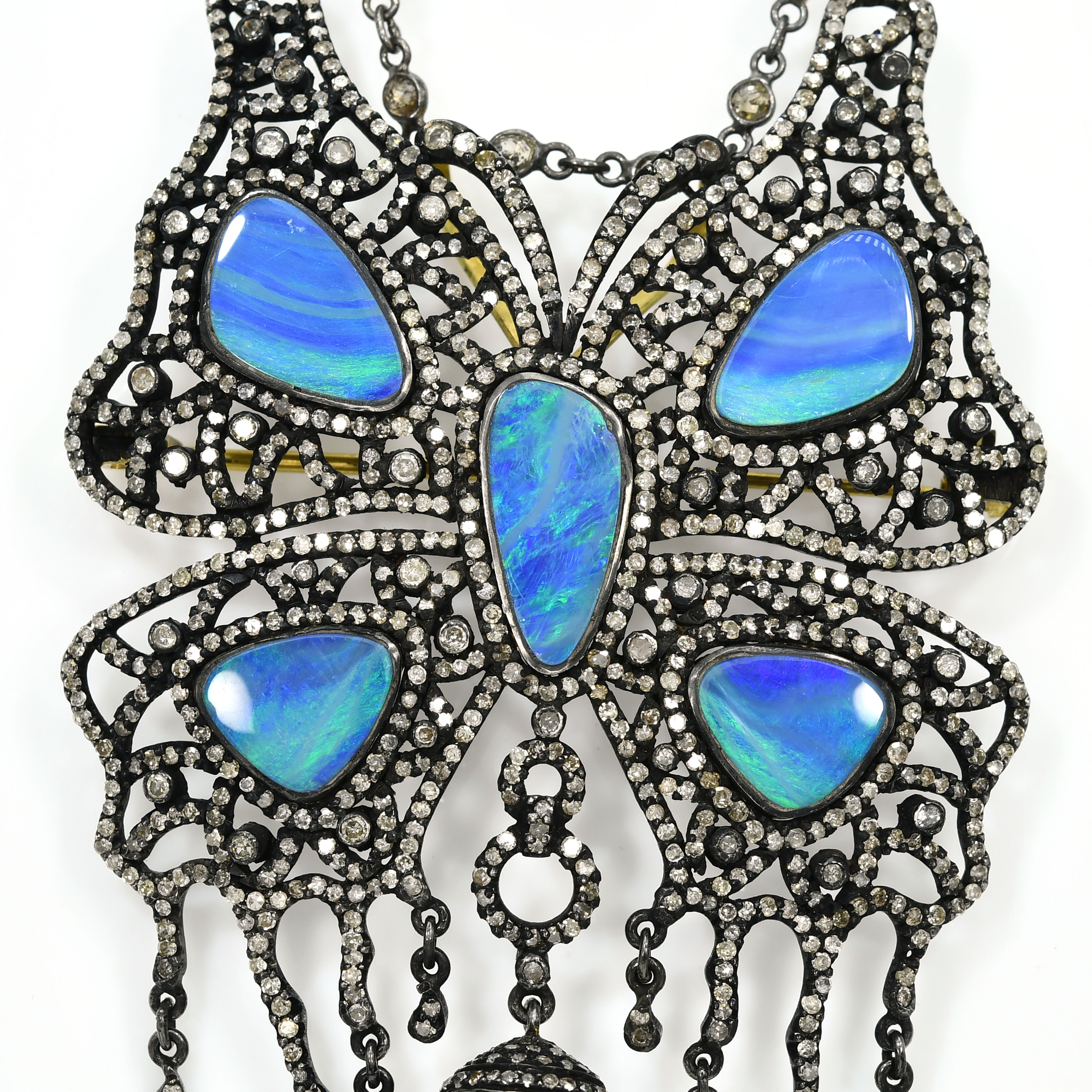 Yellow Gold & Silver Victorian Tassel Pendant-Brooch with Doublet Opals, Pearls & Diamonds