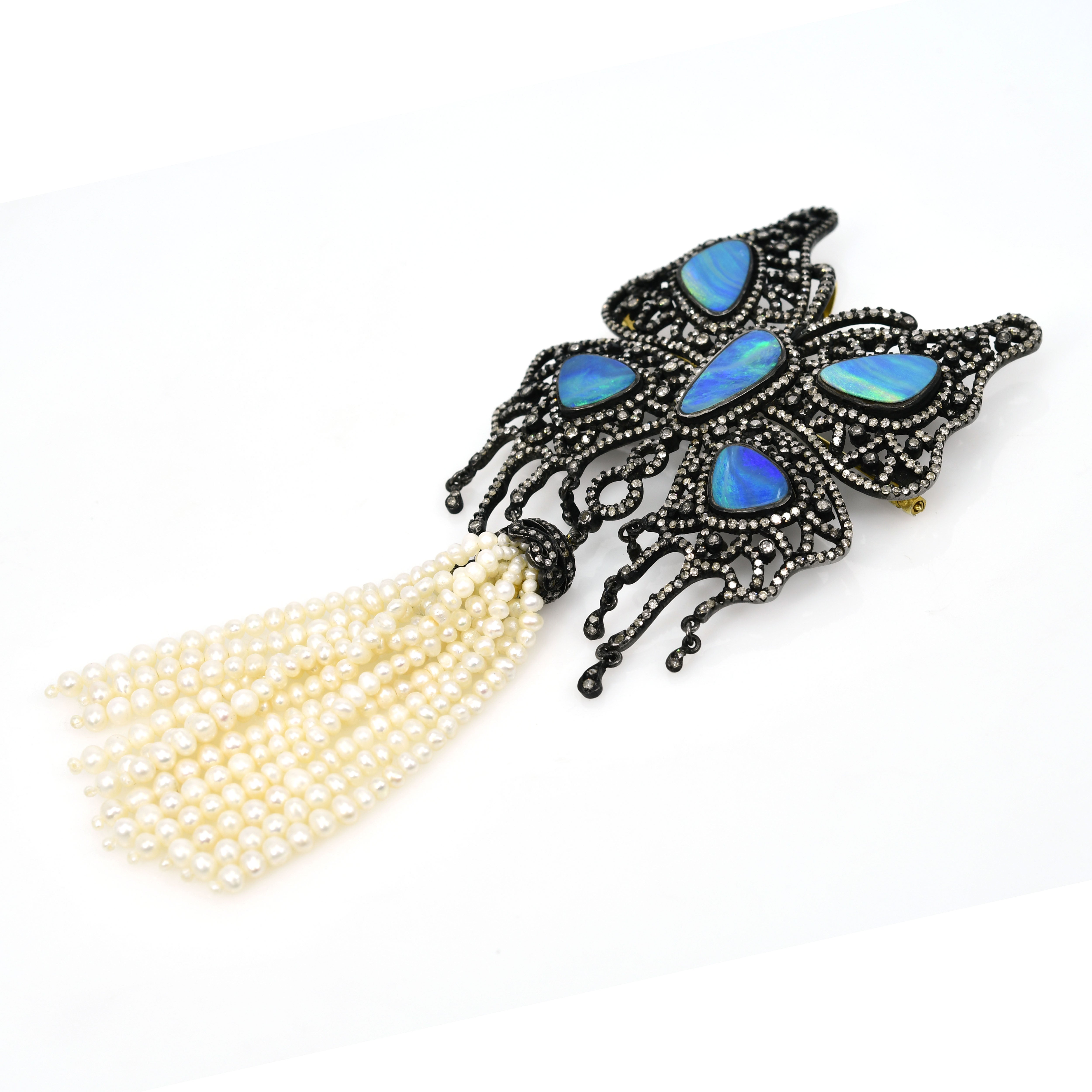 Yellow Gold & Silver Victorian Tassel Pendant-Brooch with Doublet Opals, Pearls & Diamonds