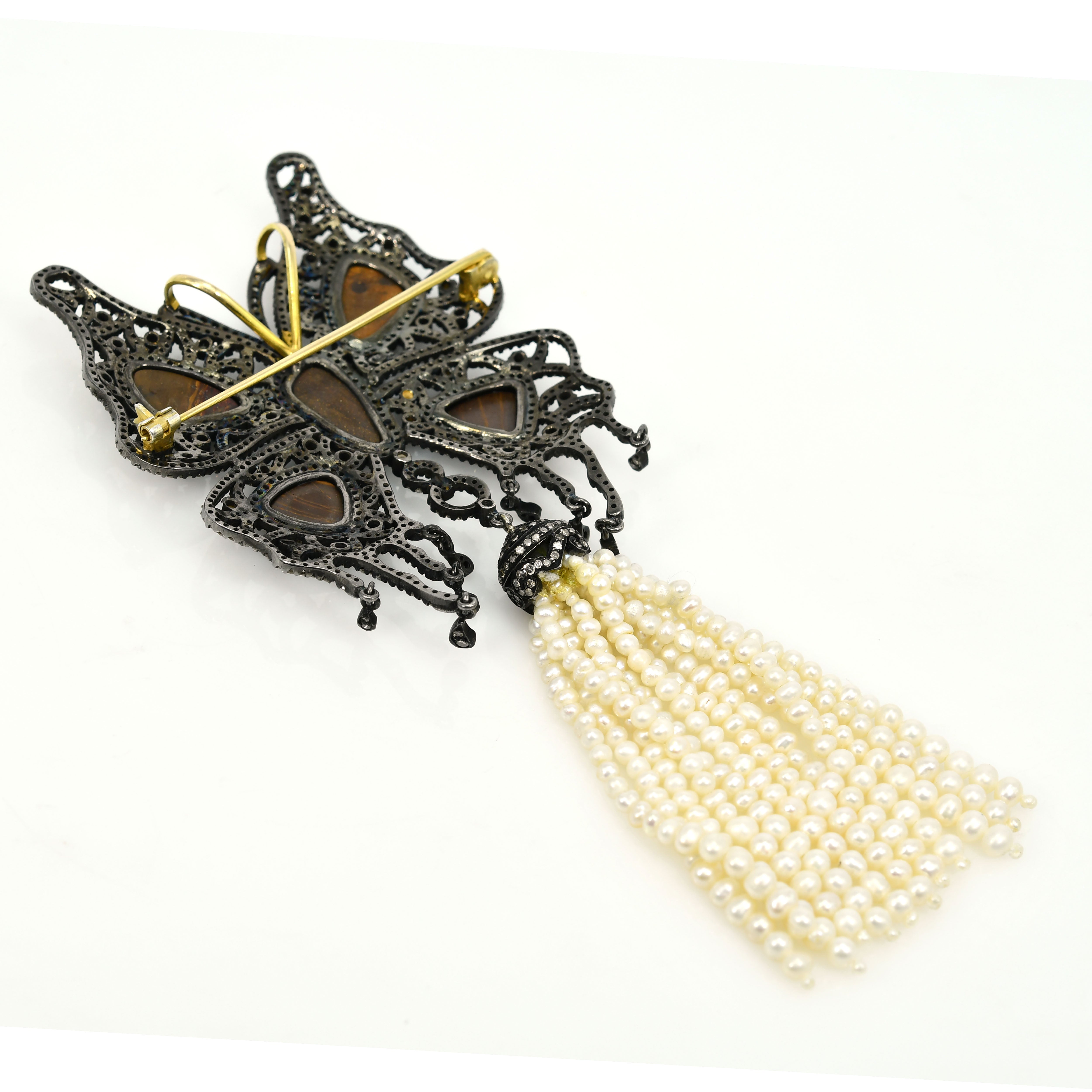 Yellow Gold & Silver Victorian Tassel Pendant-Brooch with Doublet Opals, Pearls & Diamonds