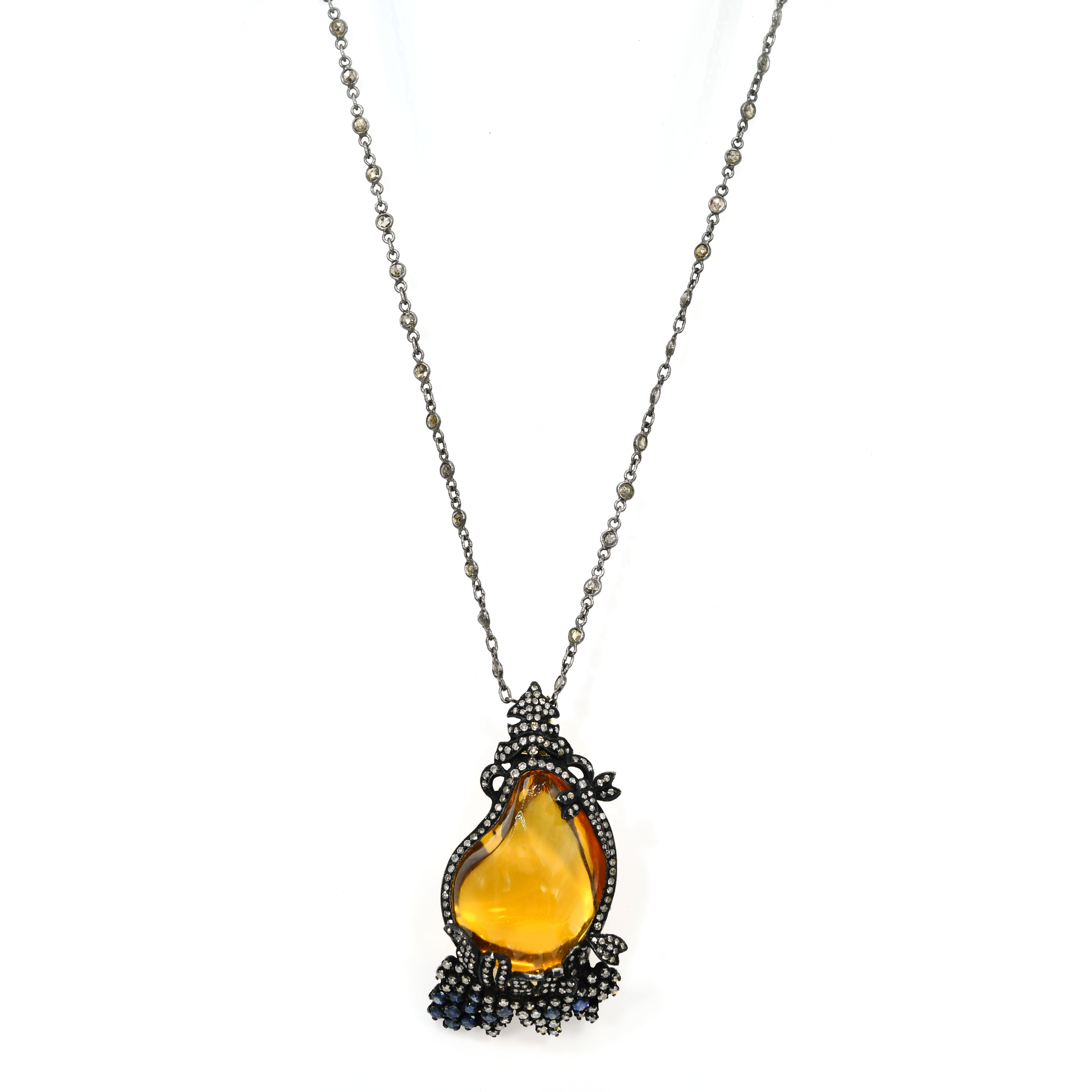 Yellow Gold & Silver Victorian Citrine-Topaz Flower Pendant-Brooch with Diamonds