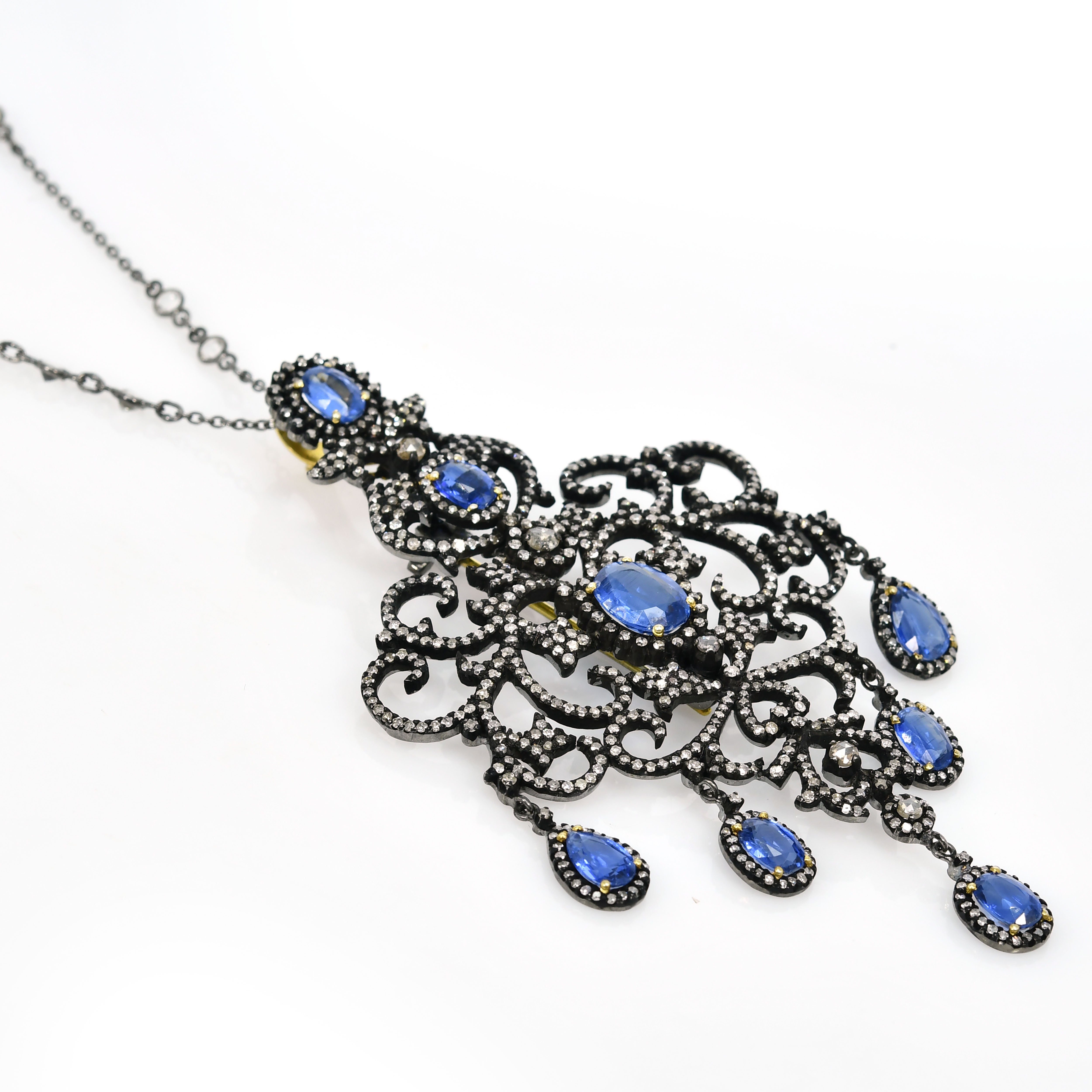 Victorian Sapphire & Kyanite Oval Pendant-Brooch with Diamonds