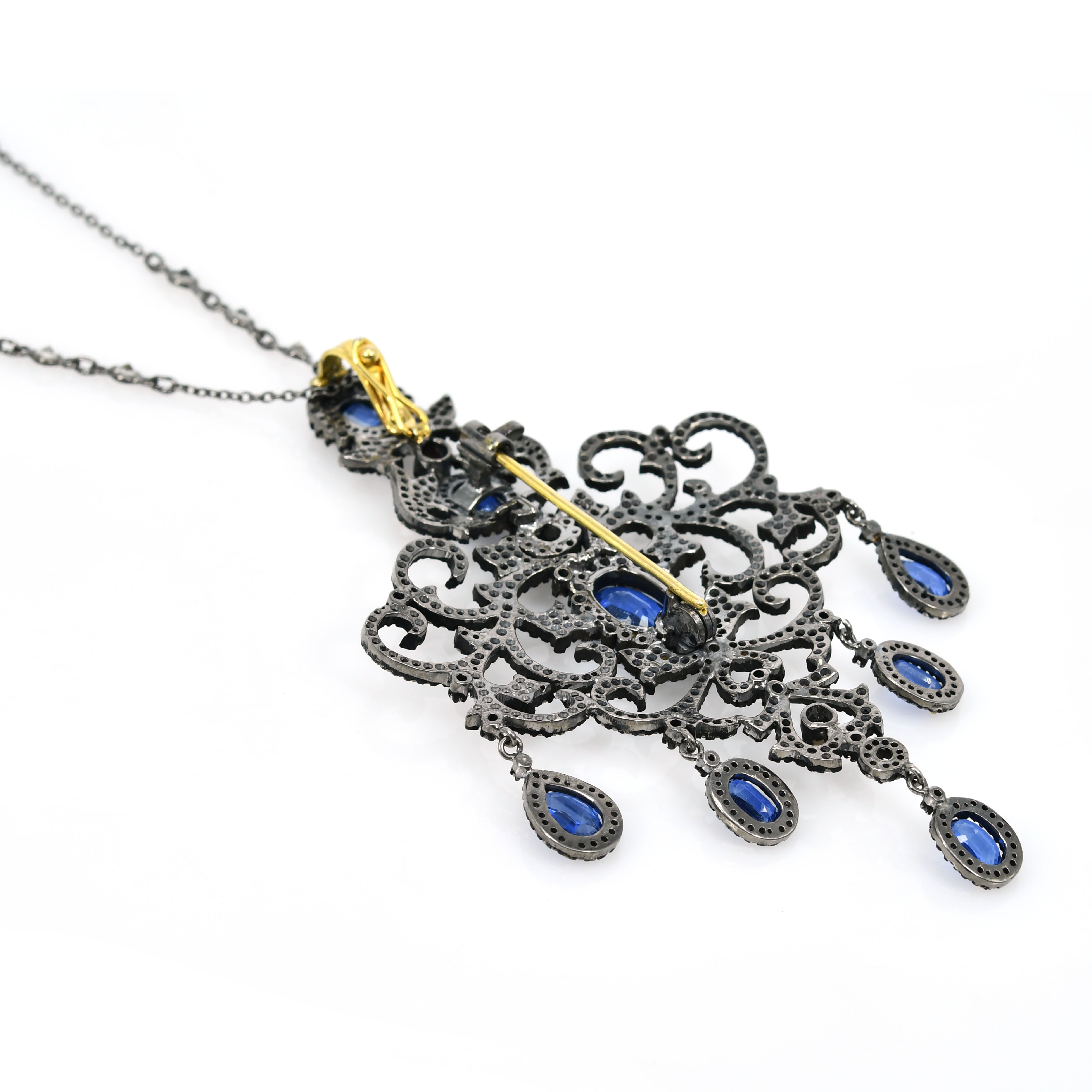Victorian Sapphire & Kyanite Oval Pendant-Brooch with Diamonds