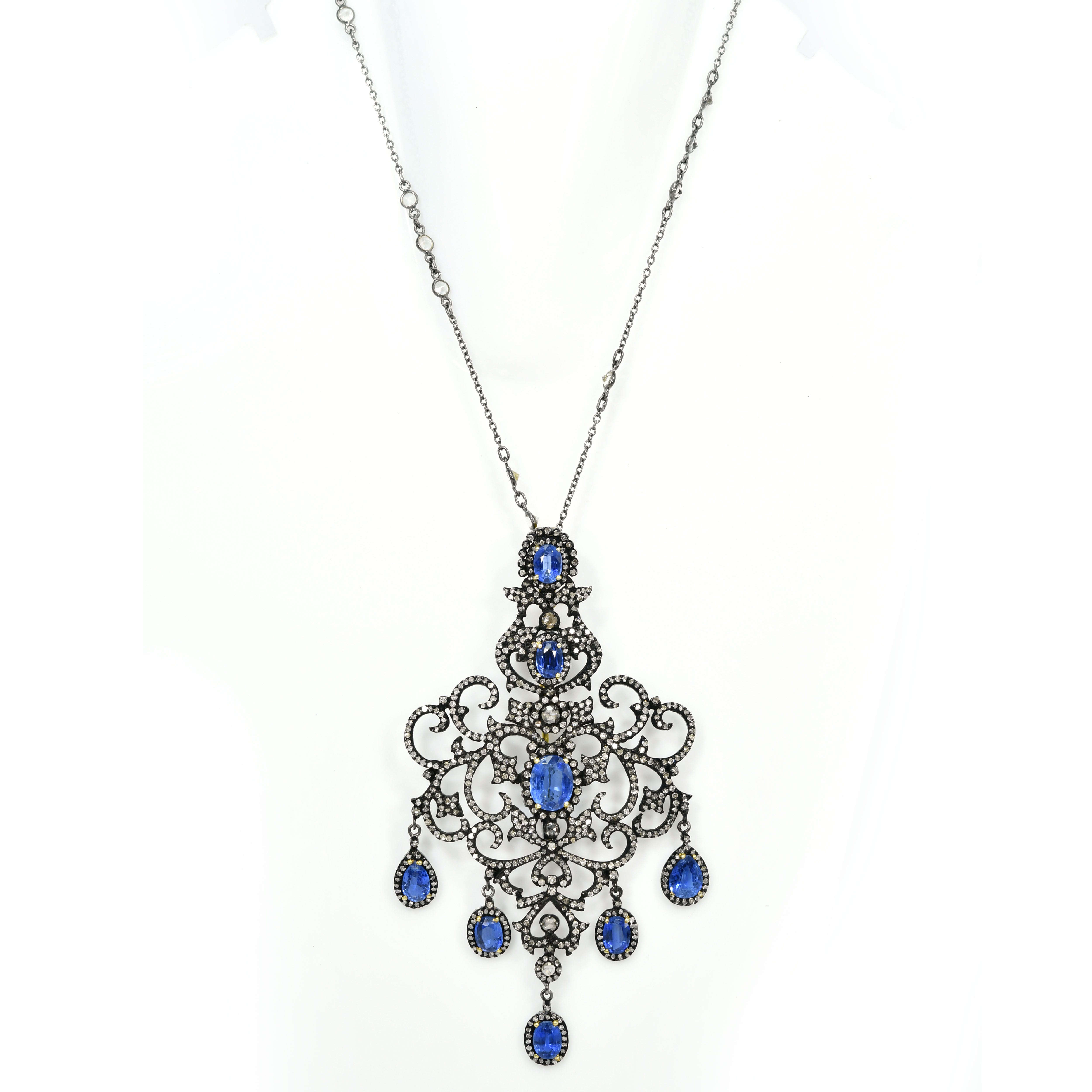 Victorian Sapphire & Kyanite Oval Pendant-Brooch with Diamonds