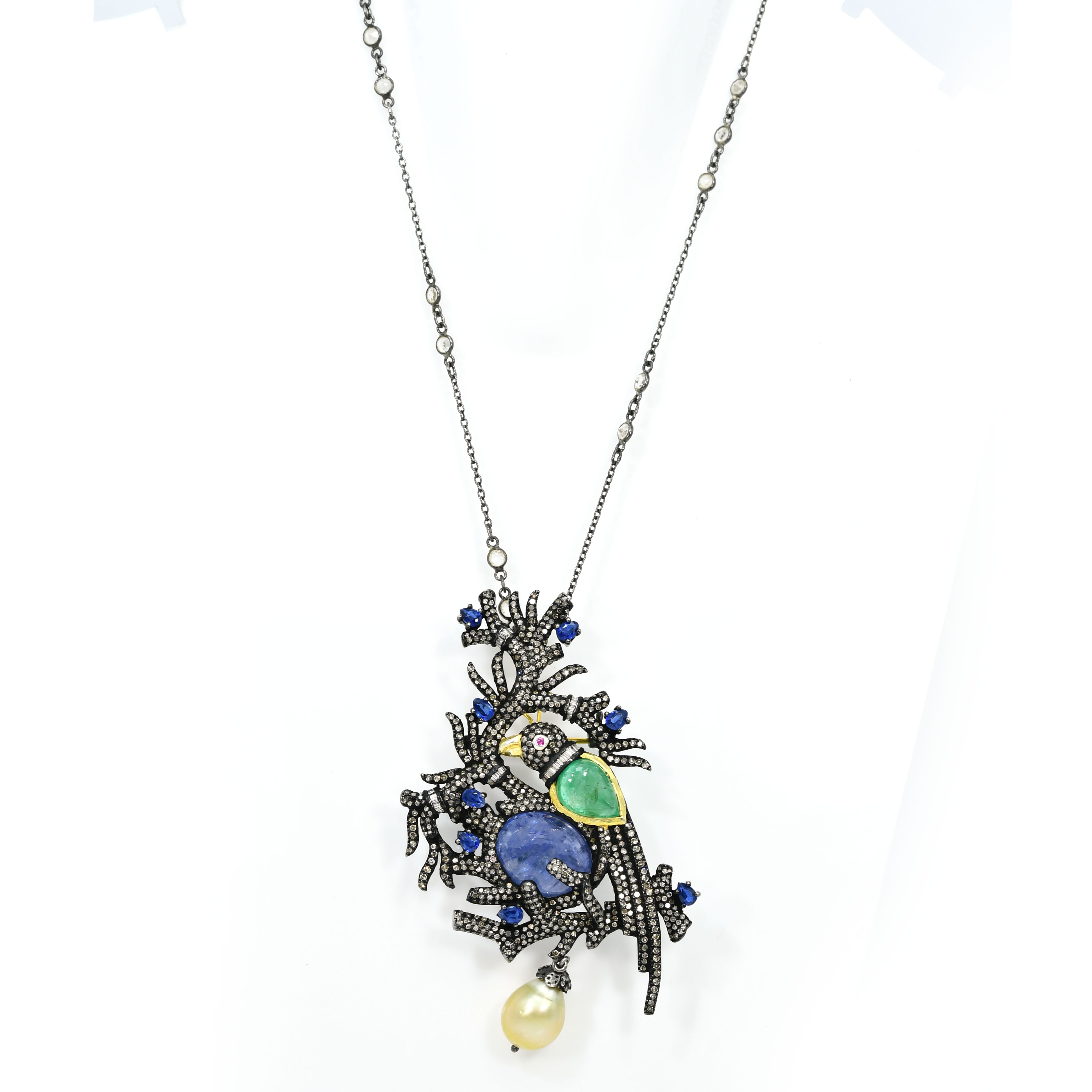 Yellow Gold & Silver Victorian Parrot Pendant-Brooch with Emerald, Tanzanite, Pearl & Diamonds