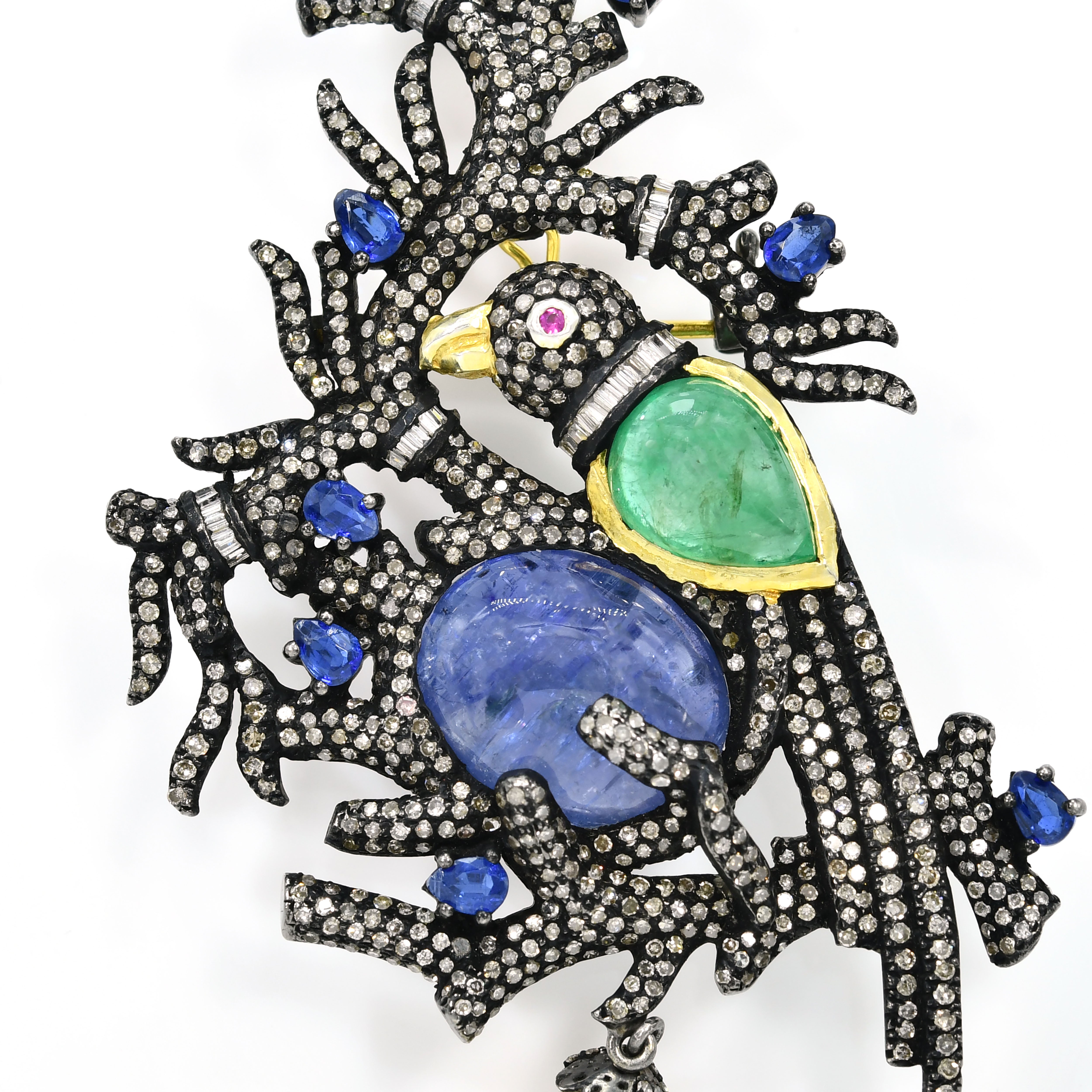 Yellow Gold & Silver Victorian Parrot Pendant-Brooch with Emerald, Tanzanite, Pearl & Diamonds