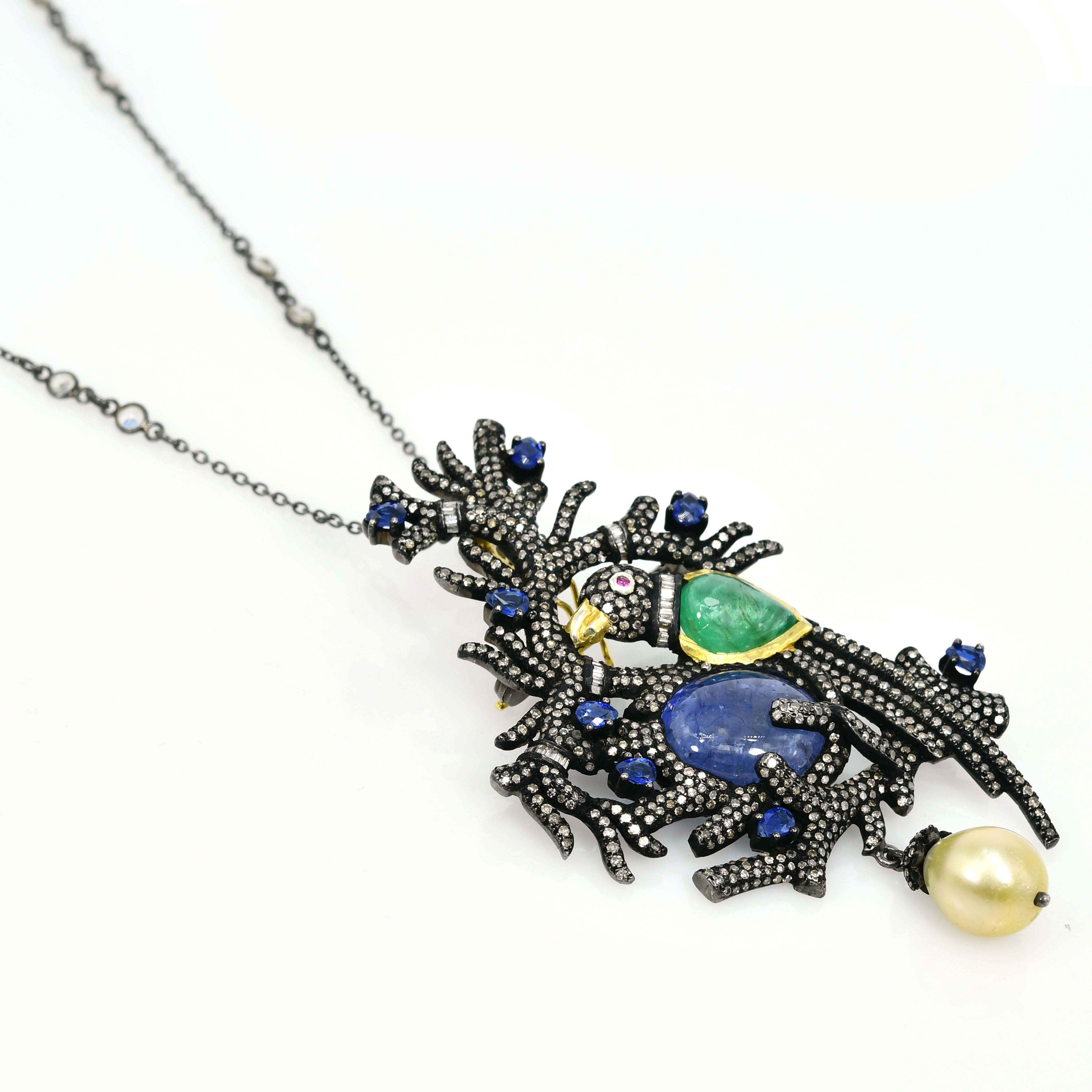 Yellow Gold & Silver Victorian Parrot Pendant-Brooch with Emerald, Tanzanite, Pearl & Diamonds