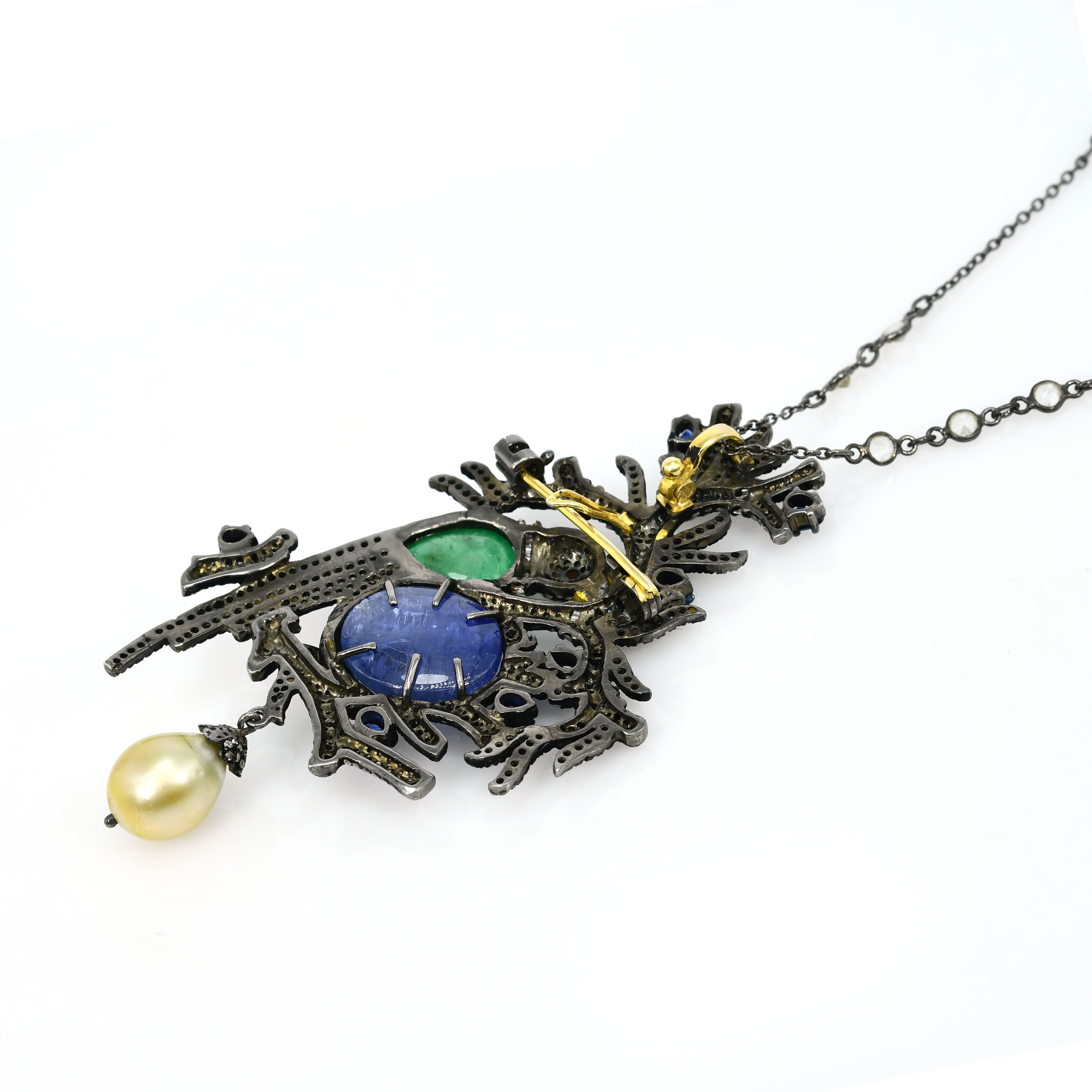 Yellow Gold & Silver Victorian Parrot Pendant-Brooch with Emerald, Tanzanite, Pearl & Diamonds