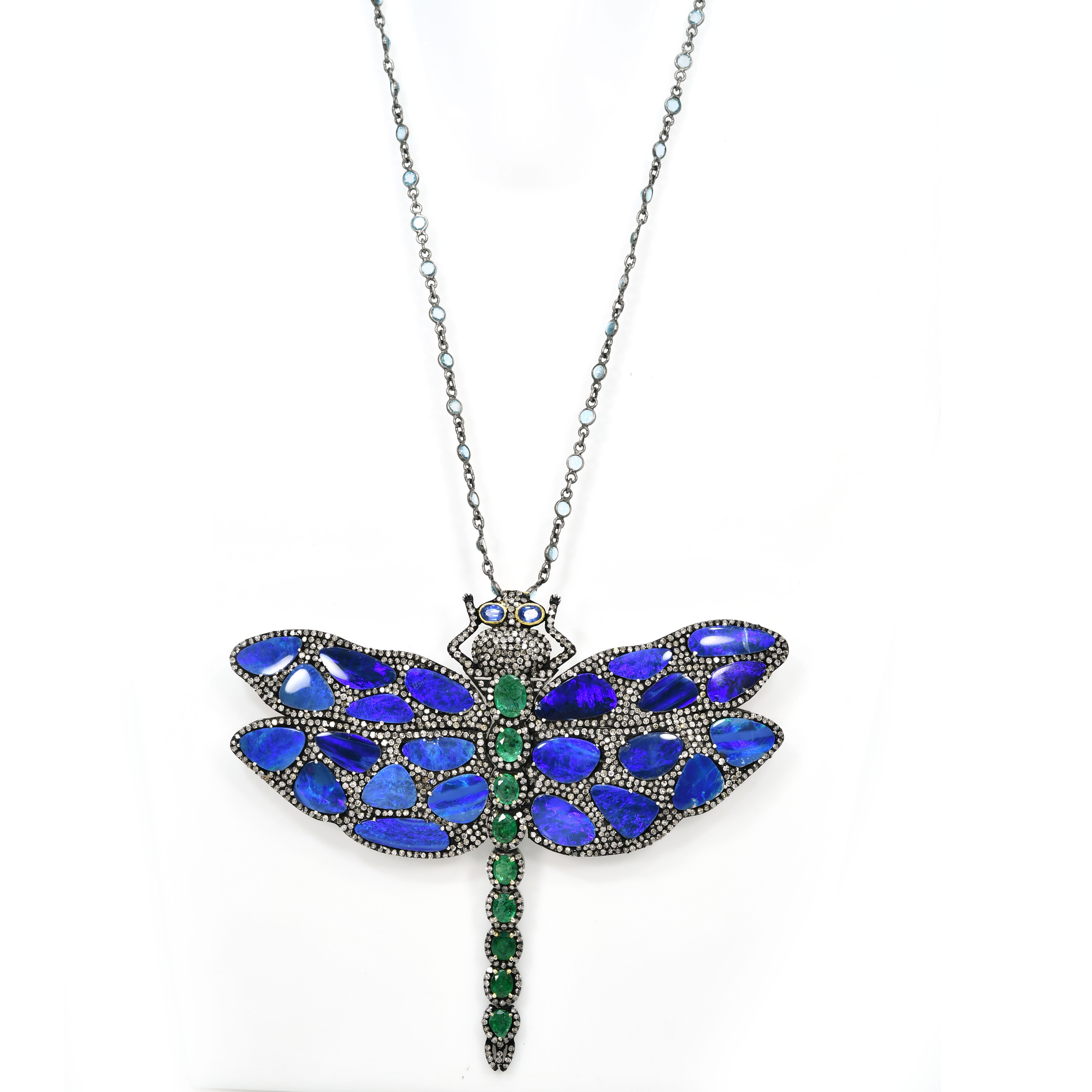 Victorian Dragonfly Pendant-Brooch with Kyanite, Emerald & Diamonds - Yellow Gold & Silver