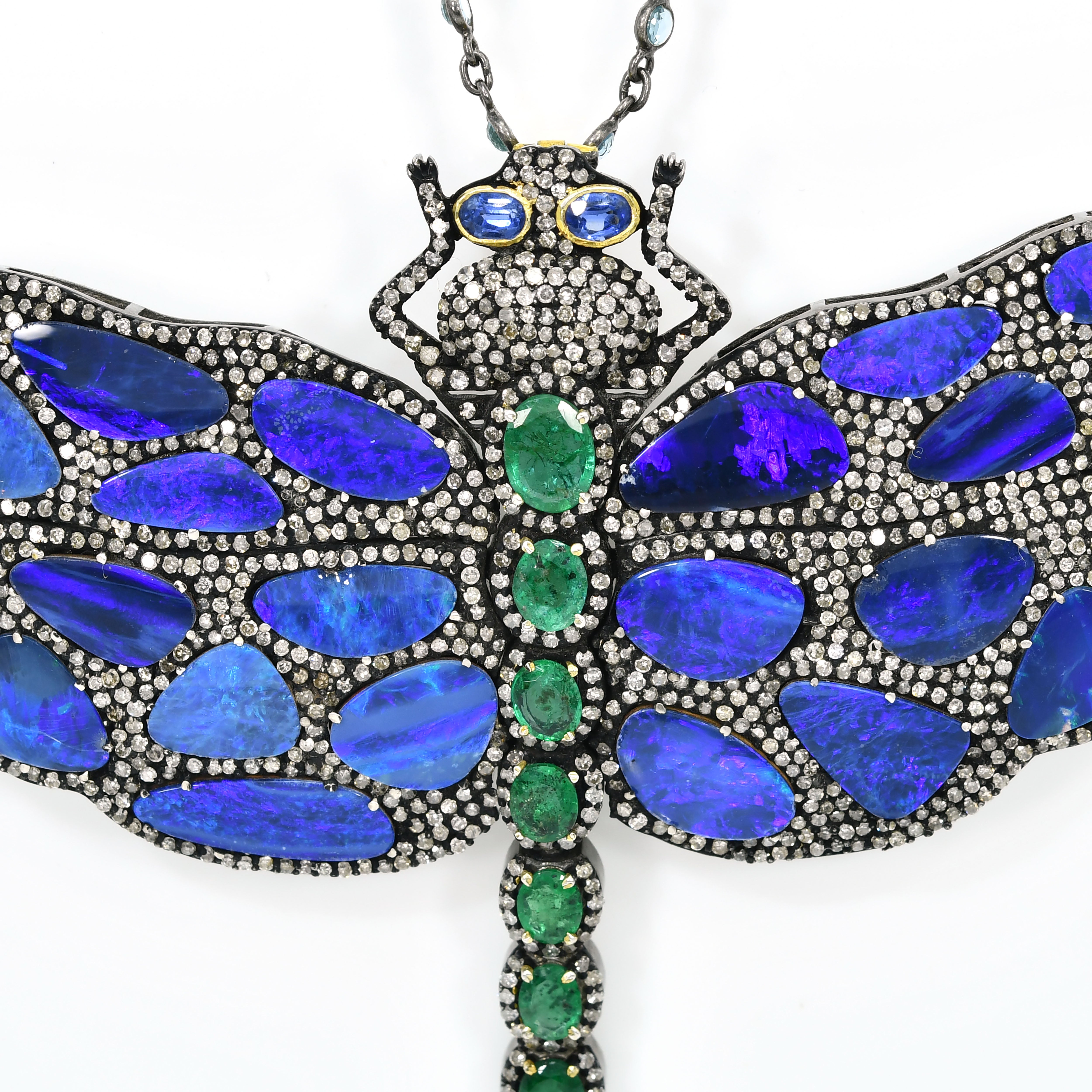 Victorian Dragonfly Pendant-Brooch with Kyanite, Emerald & Diamonds - Yellow Gold & Silver