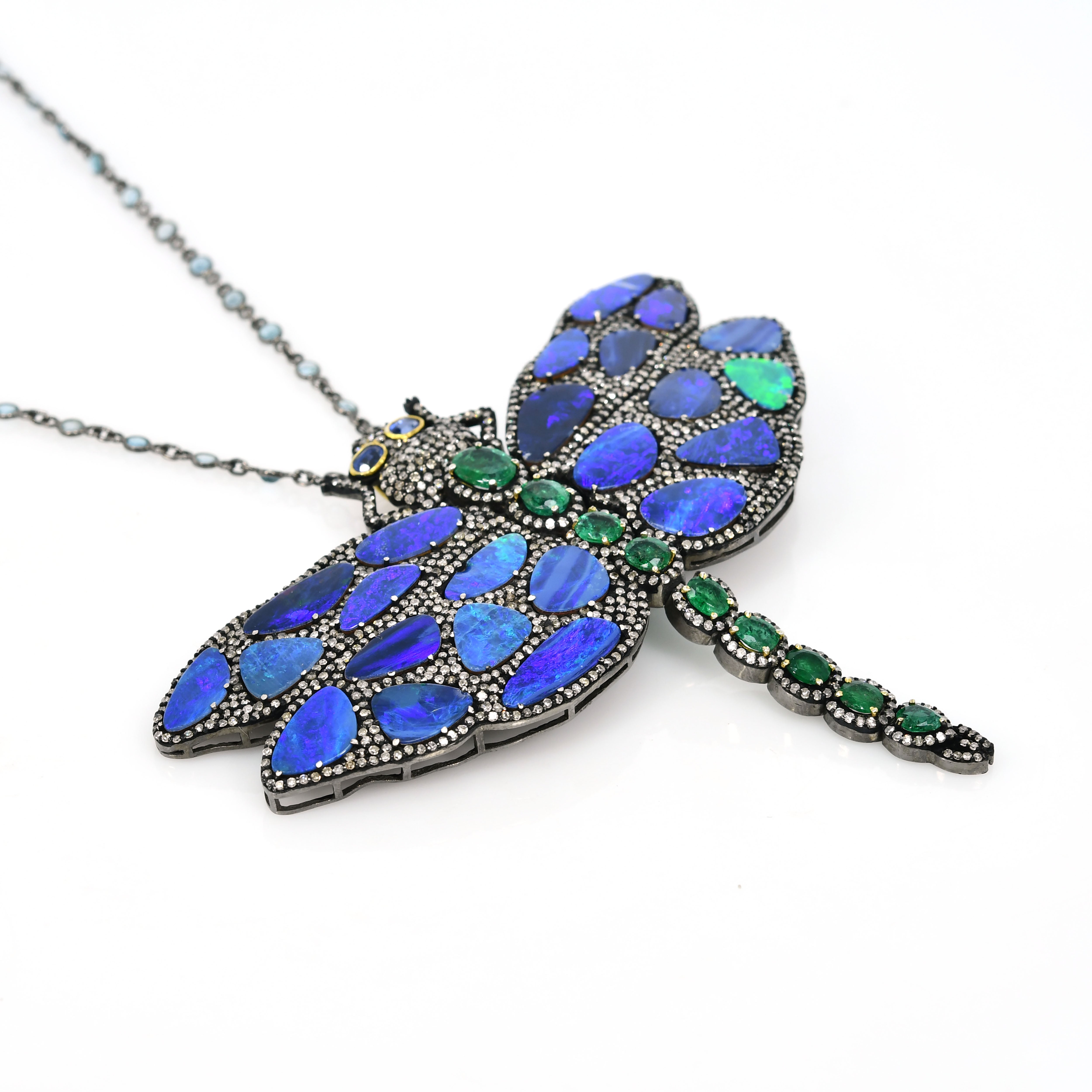 Victorian Dragonfly Pendant-Brooch with Kyanite, Emerald & Diamonds - Yellow Gold & Silver