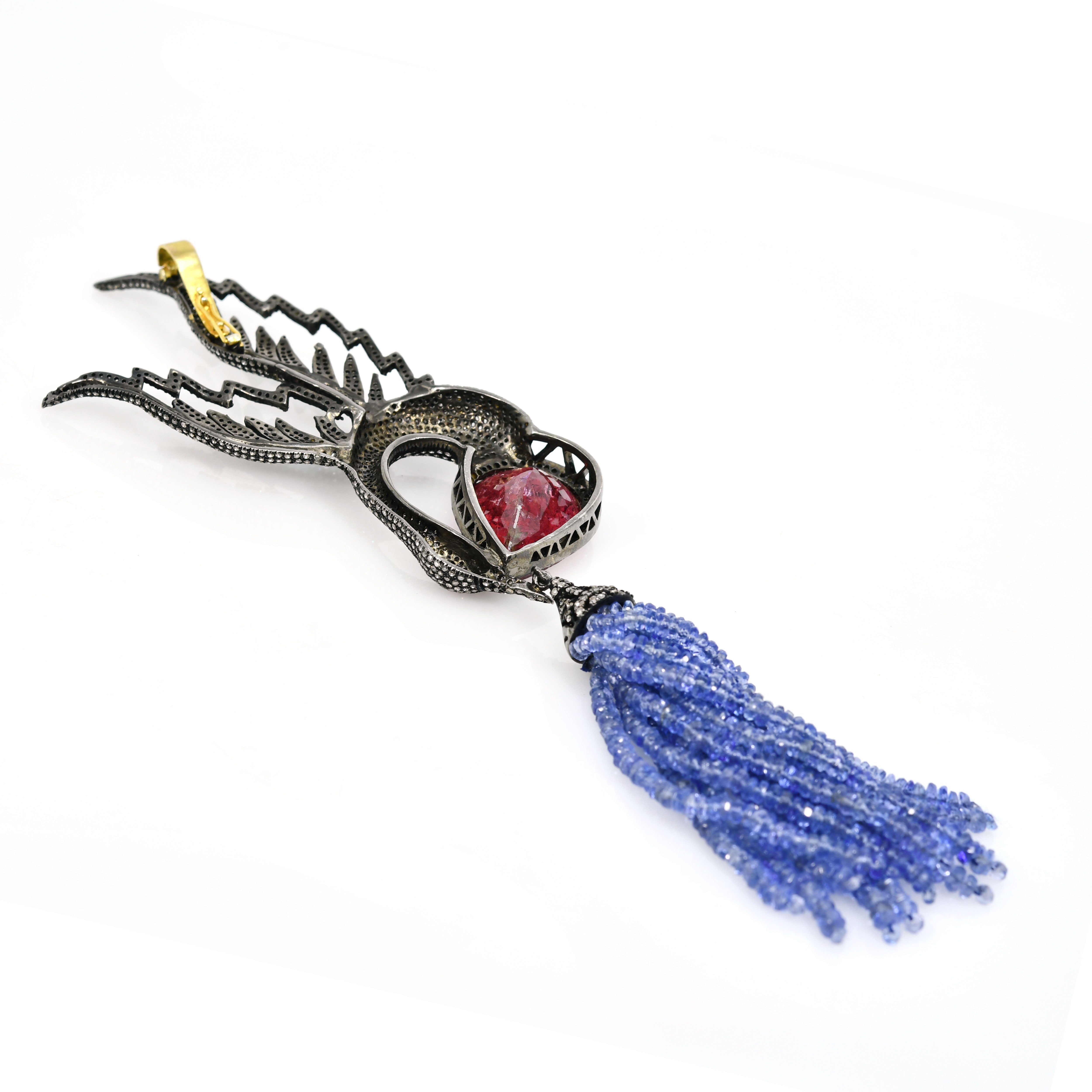 Yellow Gold & Silver Victorian Tassel Pendant-Brooch with Tanzanite, Tourmaline & Diamonds