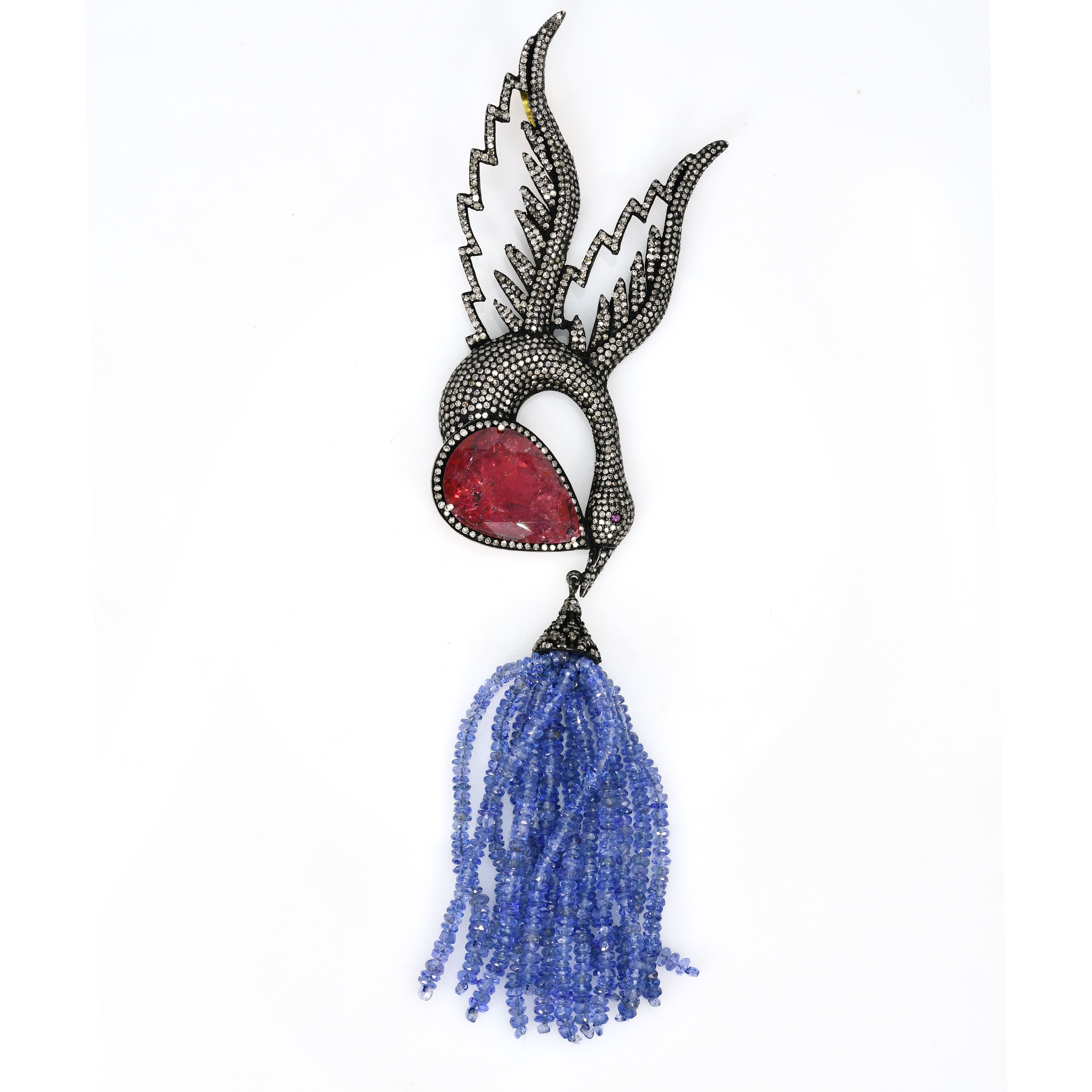 Yellow Gold & Silver Victorian Tassel Pendant-Brooch with Tanzanite, Tourmaline & Diamonds