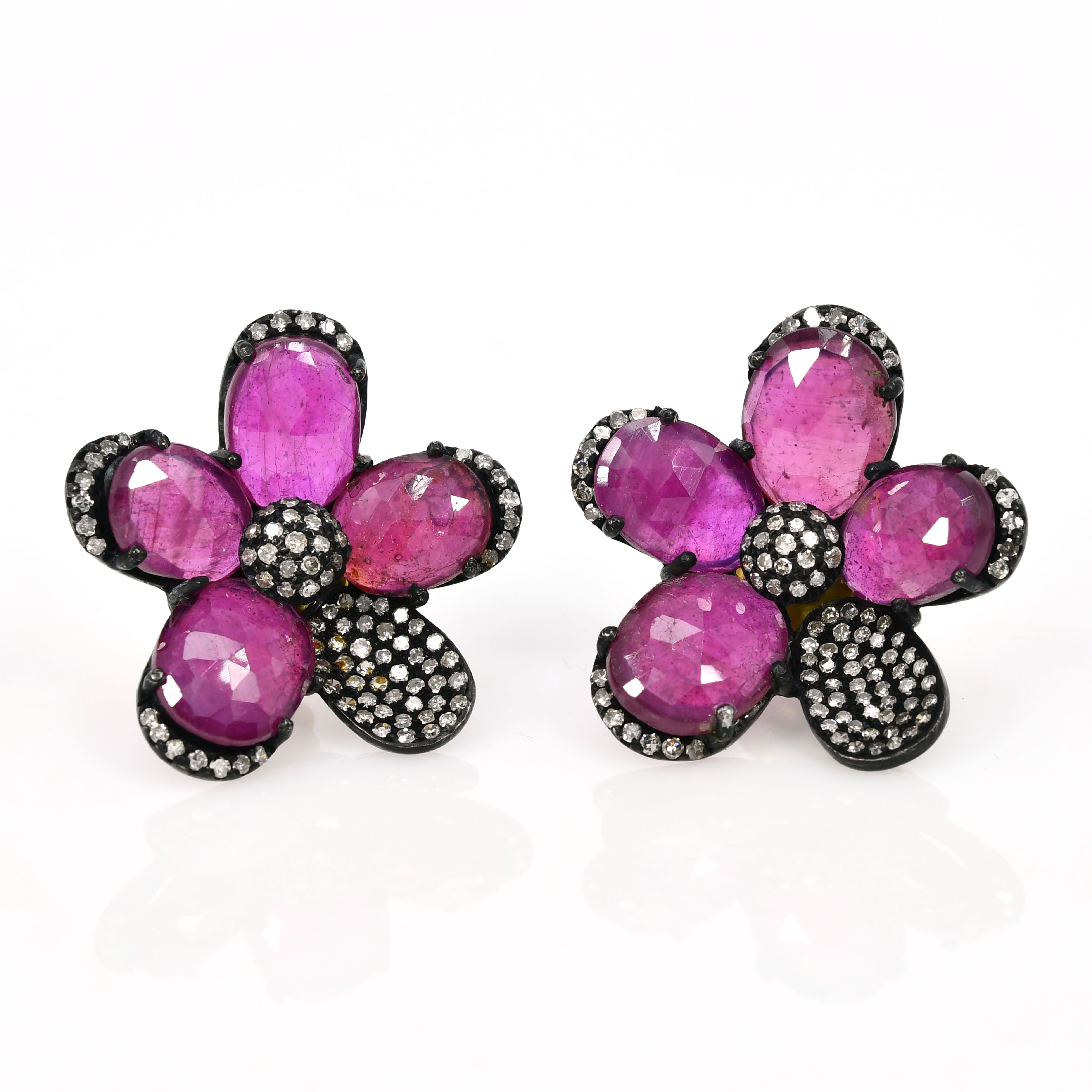 14k Yellow Gold Red Ruby & Diamond Flower Earrings - Vintage Style