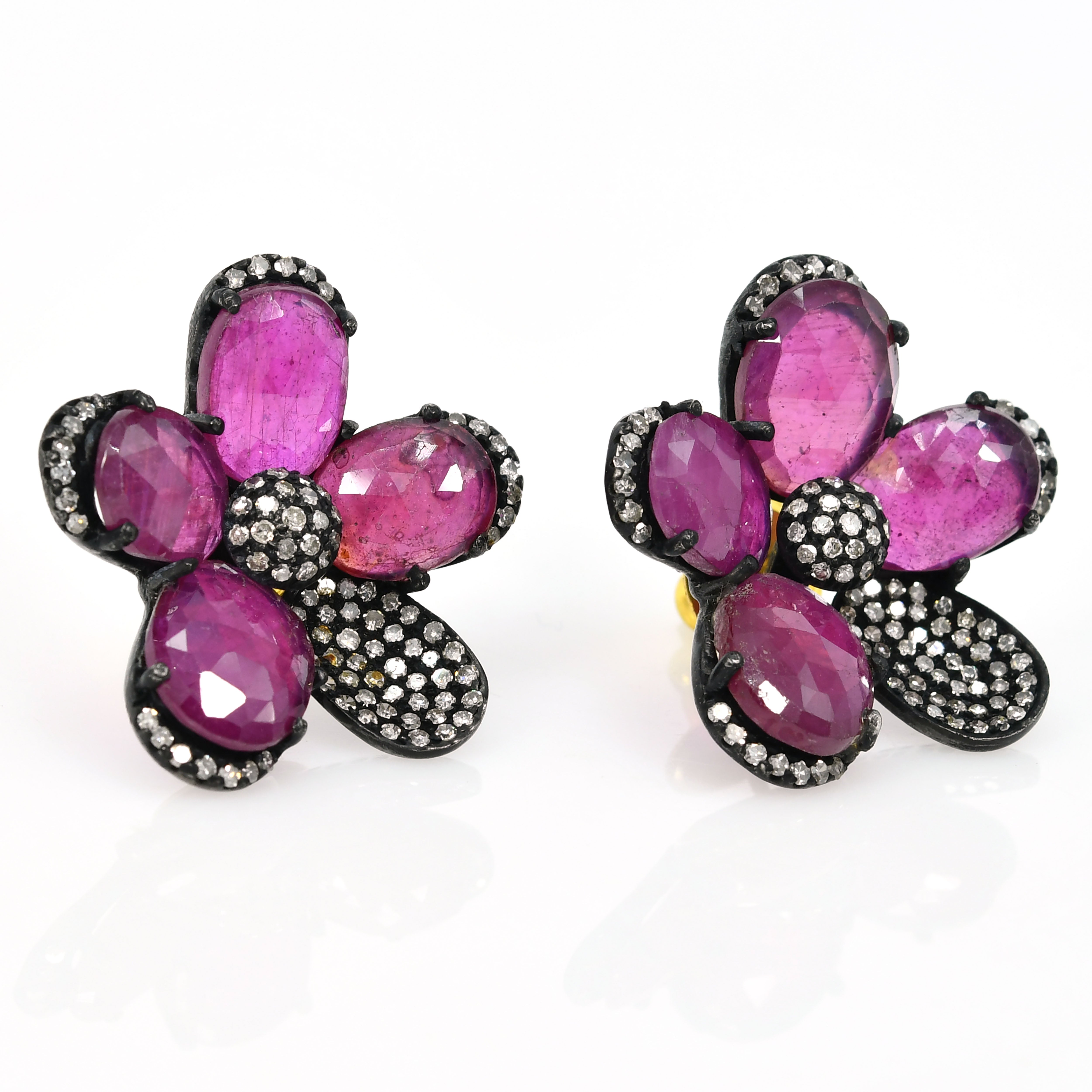14k Yellow Gold Red Ruby & Diamond Flower Earrings - Vintage Style