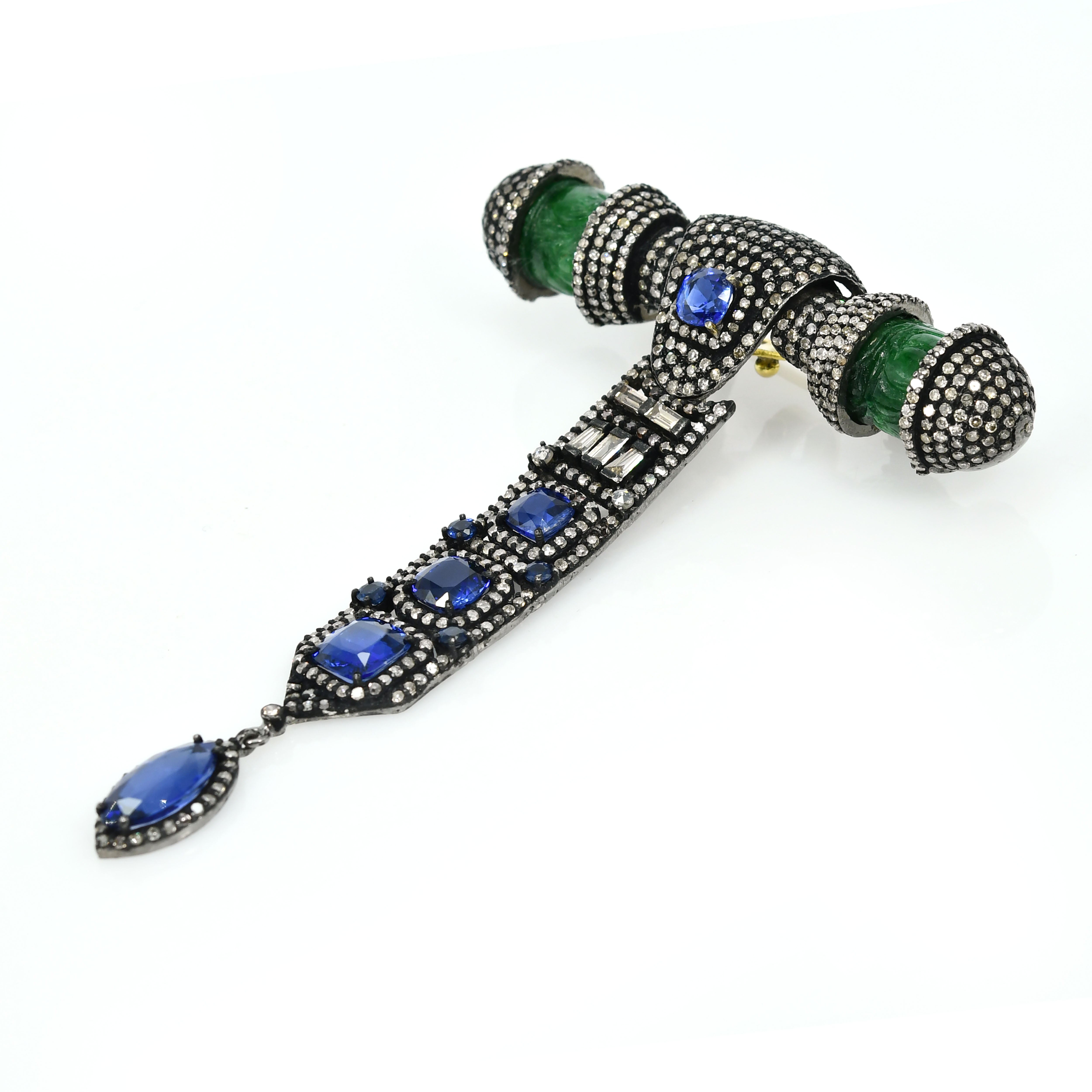 Yellow Gold & Silver Victorian Jade, Kyanite & Sapphire Pendant-Brooch with Diamonds