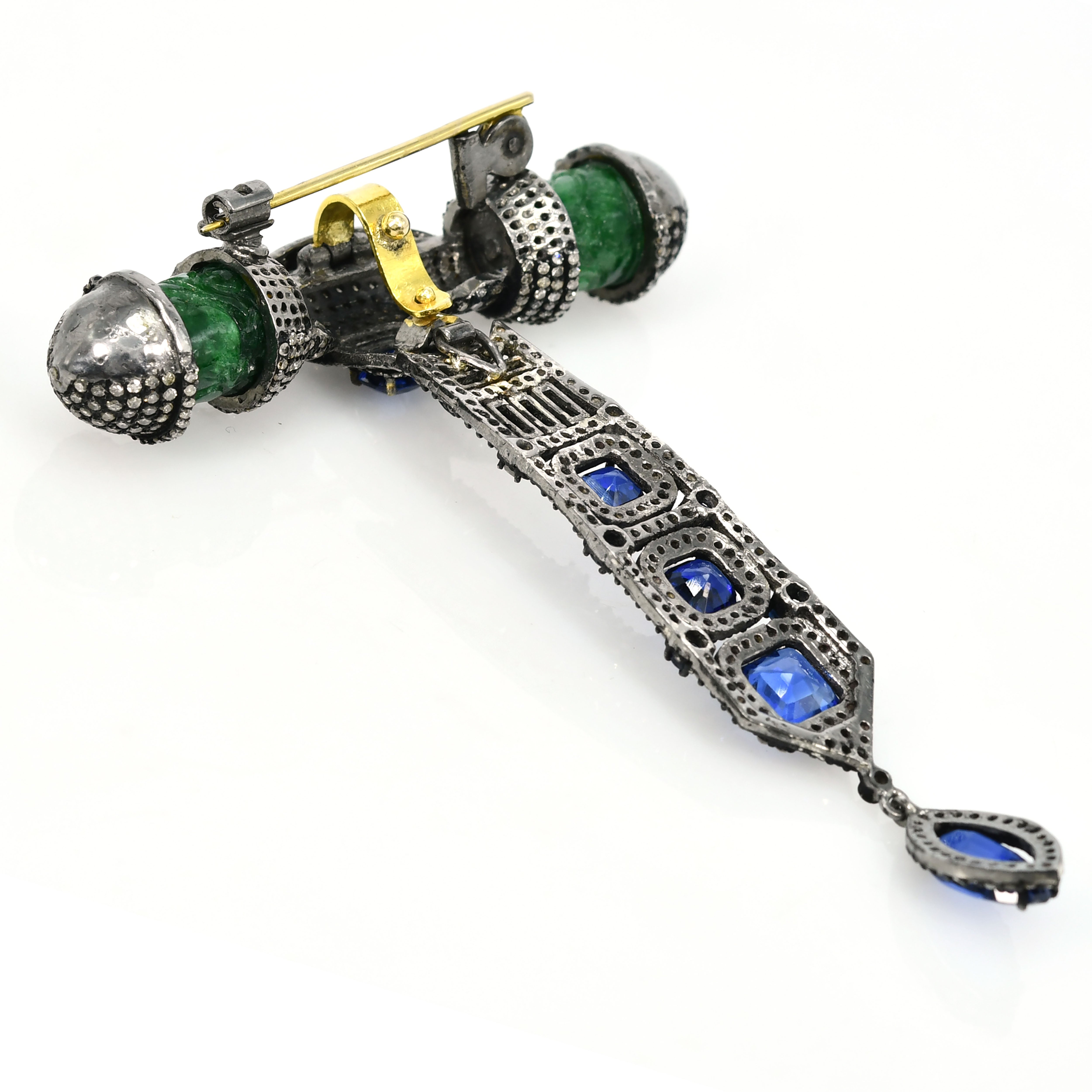 Yellow Gold & Silver Victorian Jade, Kyanite & Sapphire Pendant-Brooch with Diamonds