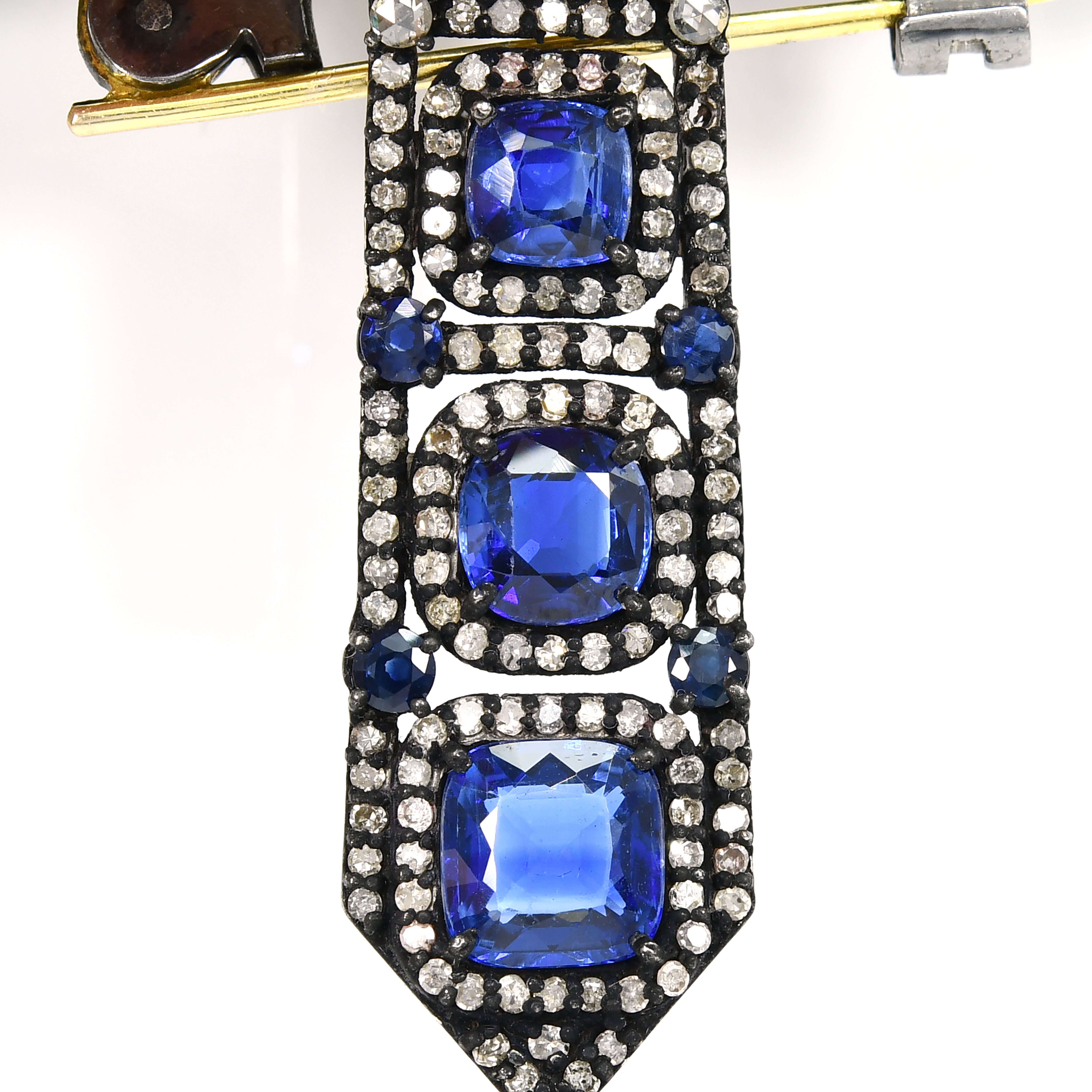 Yellow Gold & Silver Victorian Jade, Kyanite & Sapphire Pendant-Brooch with Diamonds