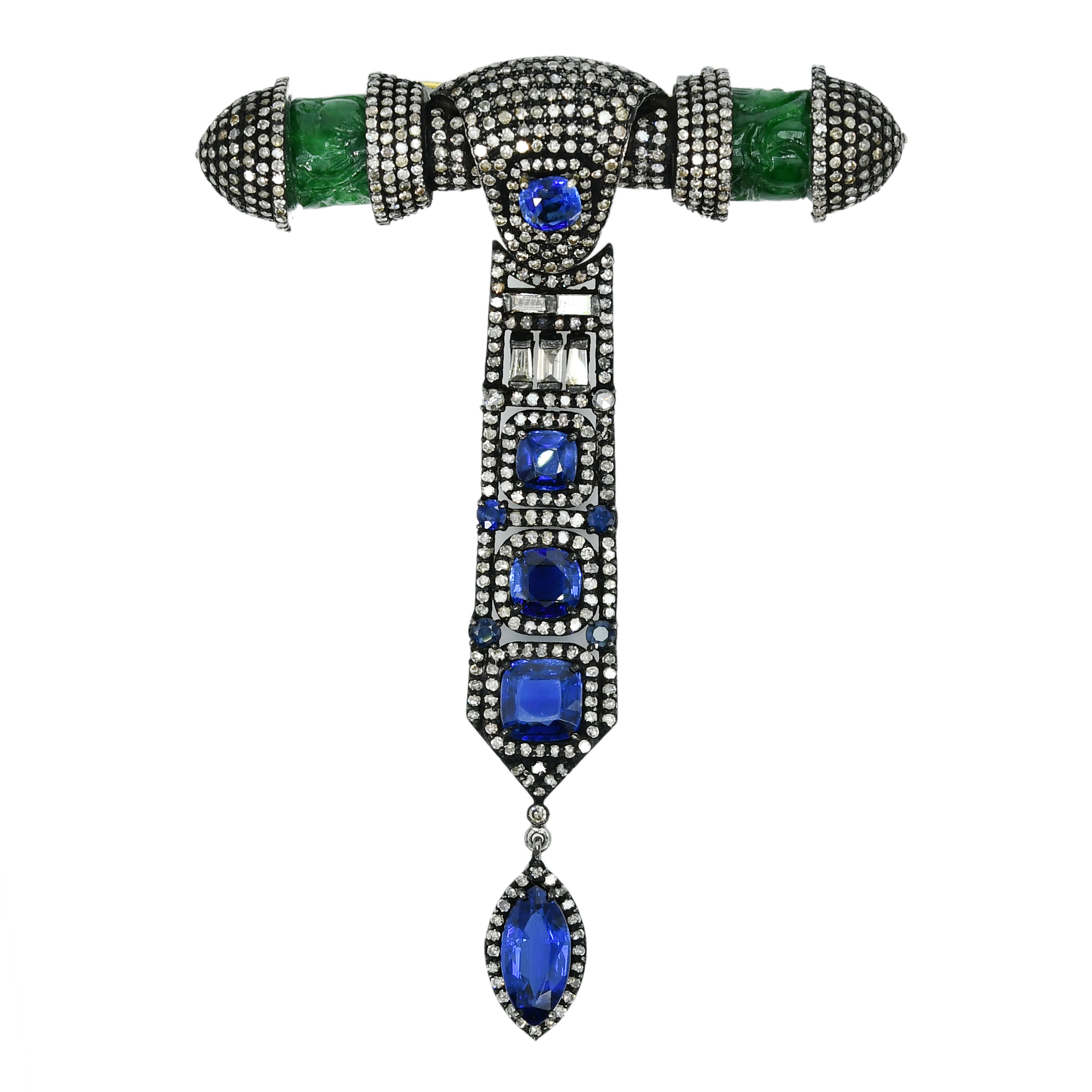 Yellow Gold & Silver Victorian Jade, Kyanite & Sapphire Pendant-Brooch with Diamonds