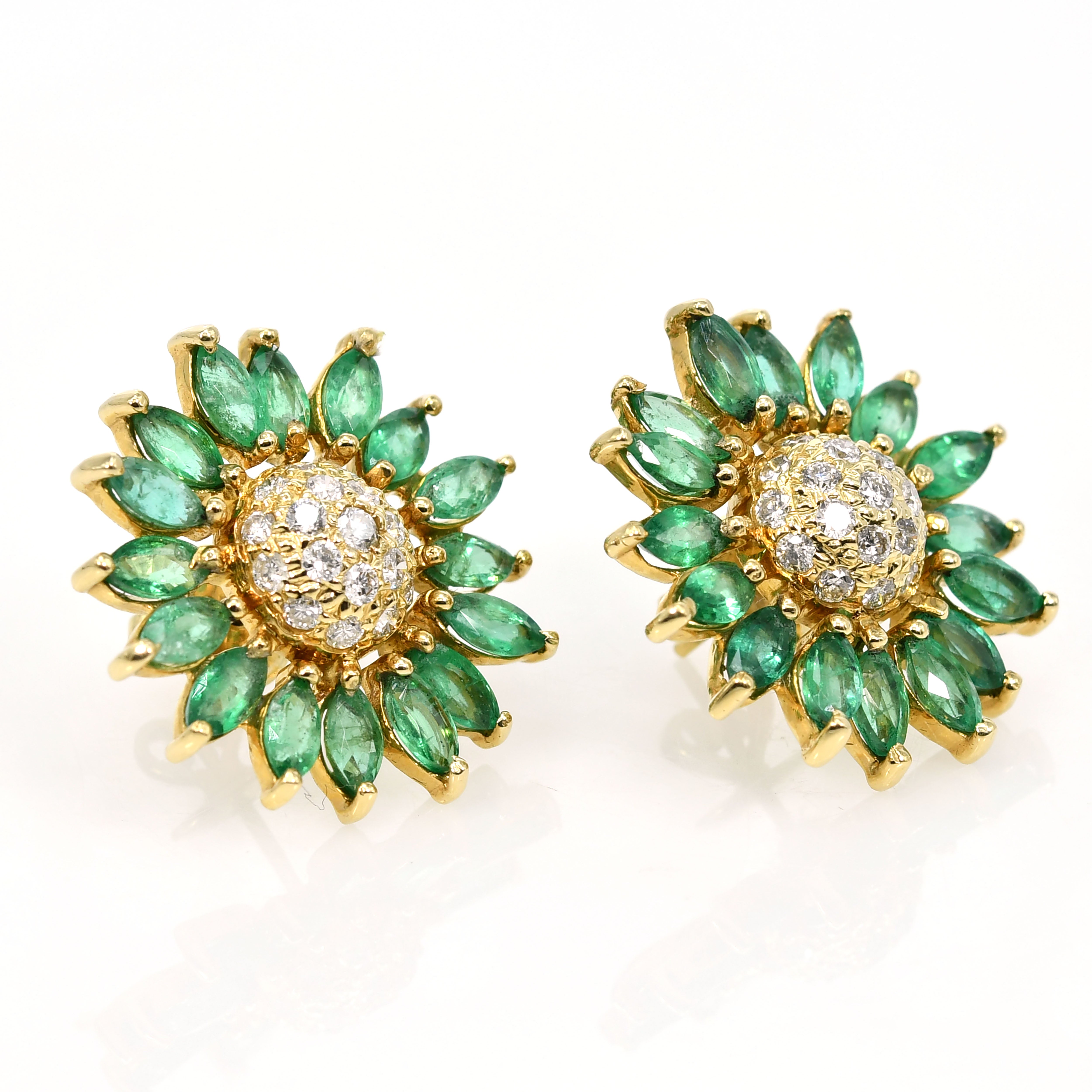 18k Yellow Gold Sun Flower Design Gold Emerald Diamond Stud Earrings