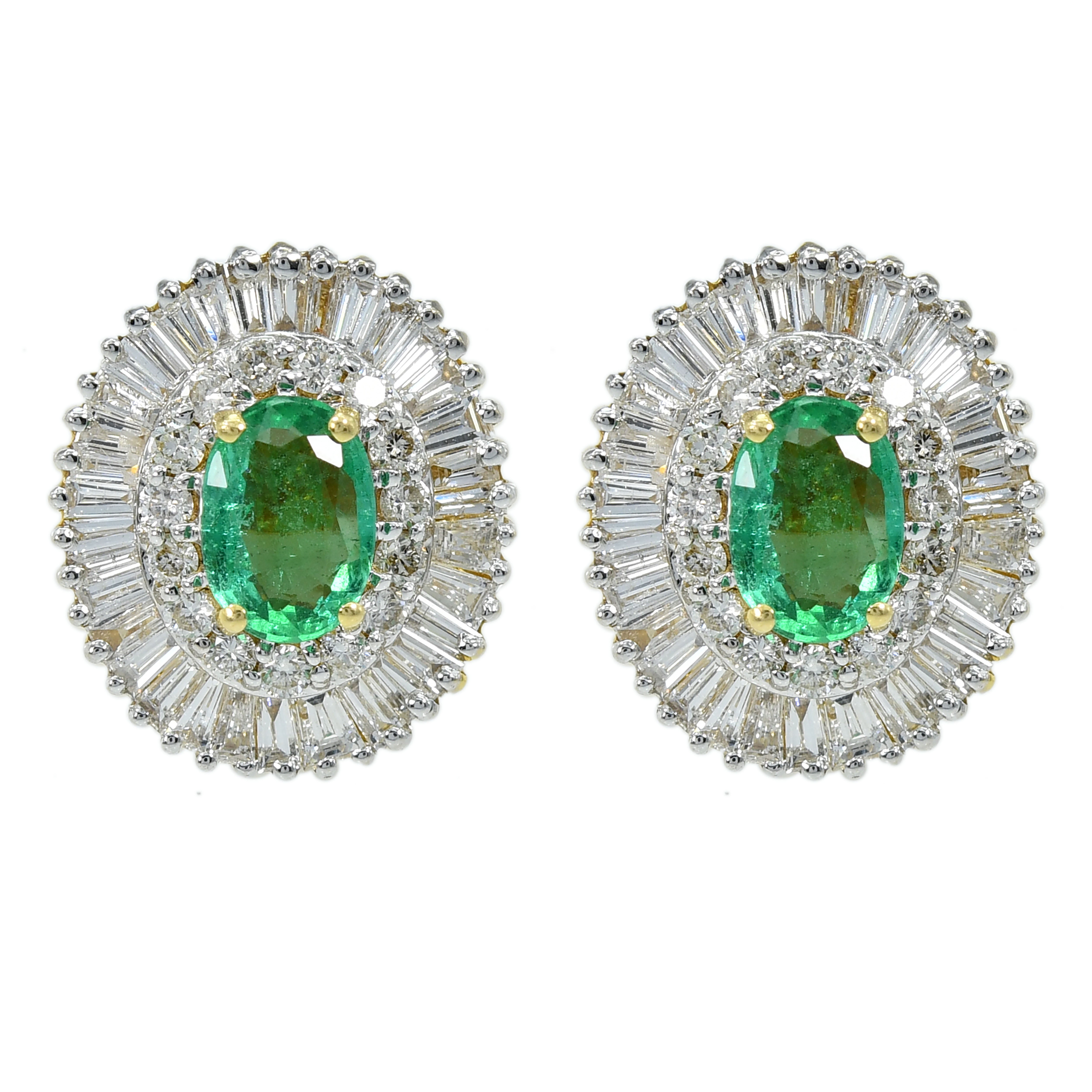 18k Yellow Gold Oval Natural Emerald & Diamond Earrings