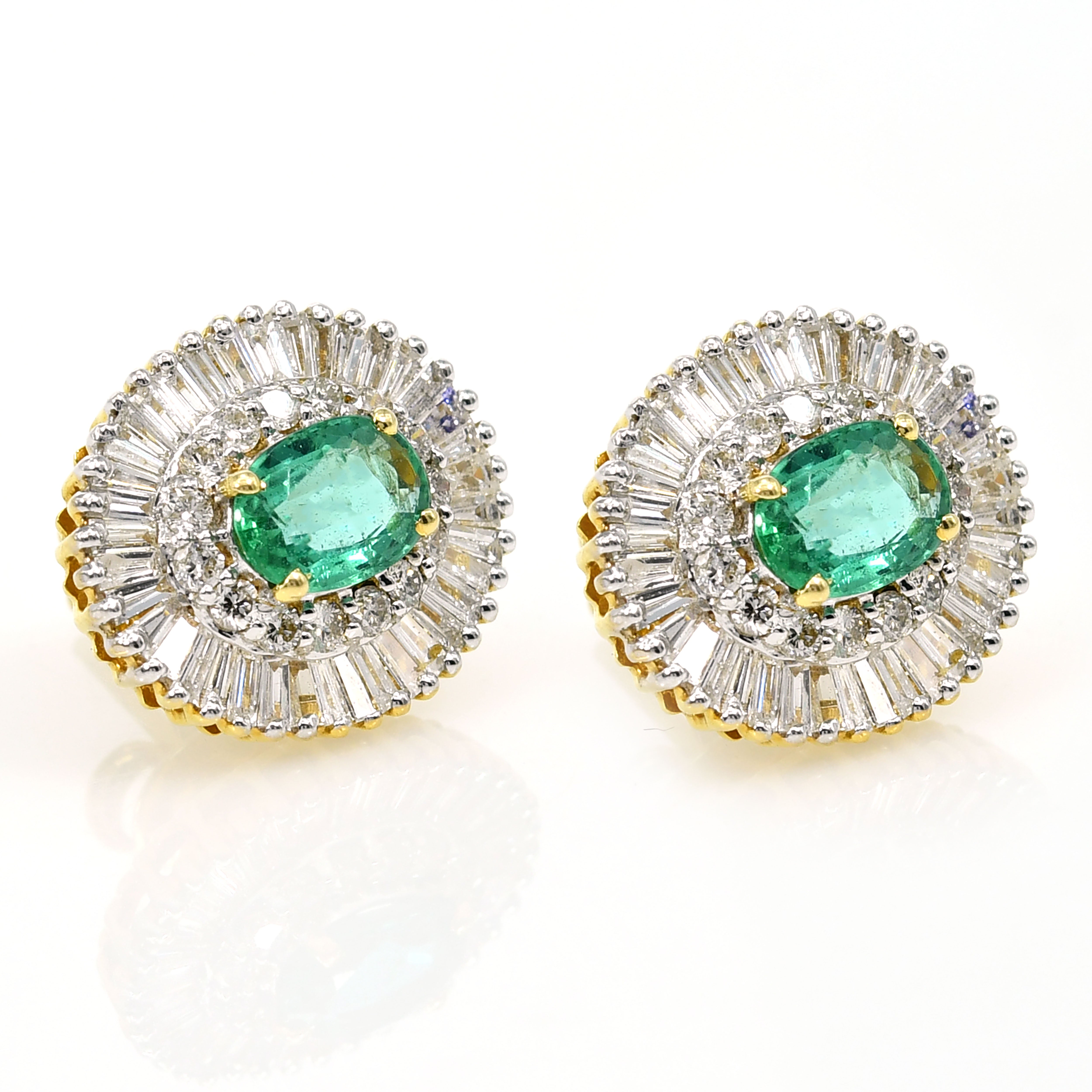 18k Yellow Gold Oval Natural Emerald & Diamond Earrings