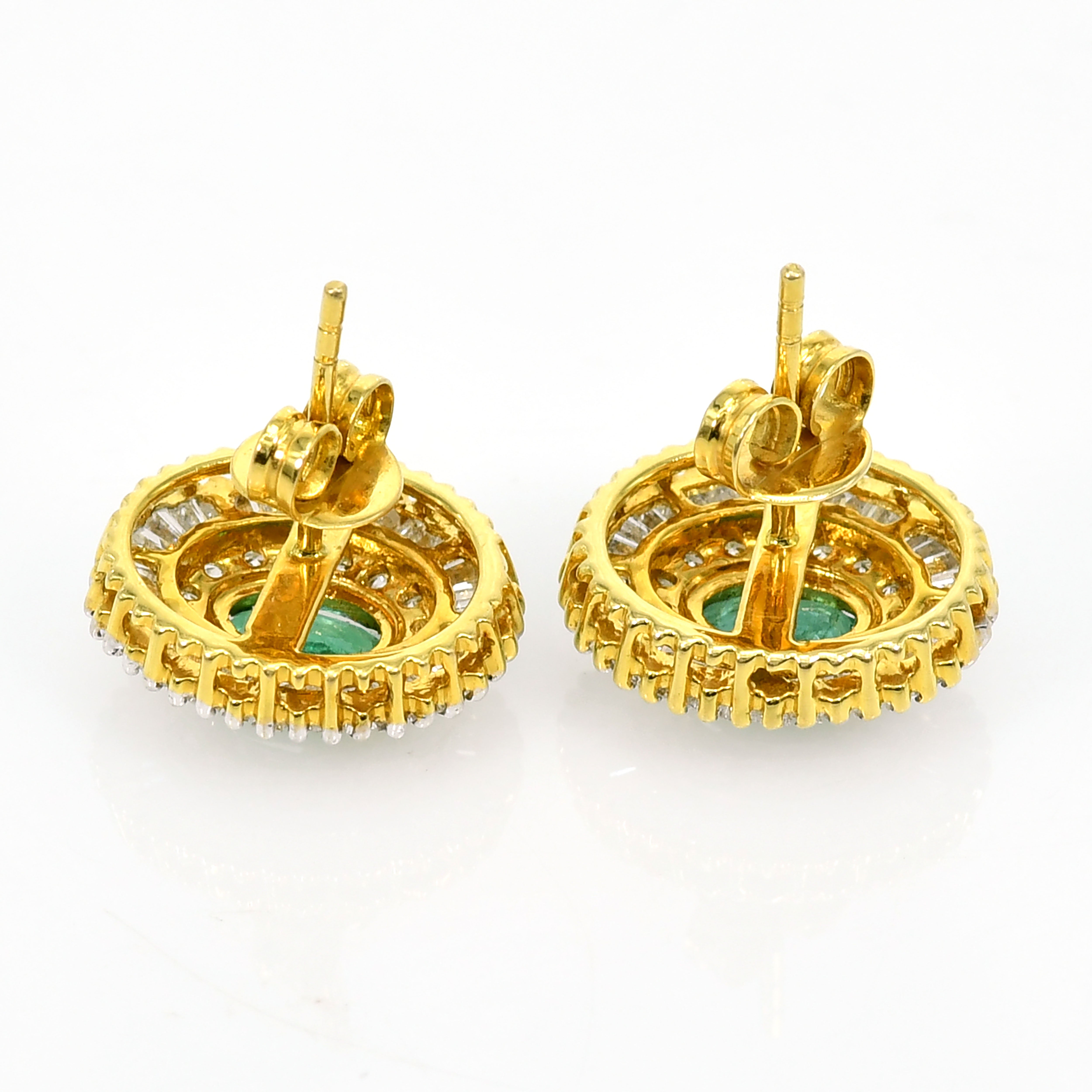 18k Yellow Gold Oval Natural Emerald & Diamond Earrings