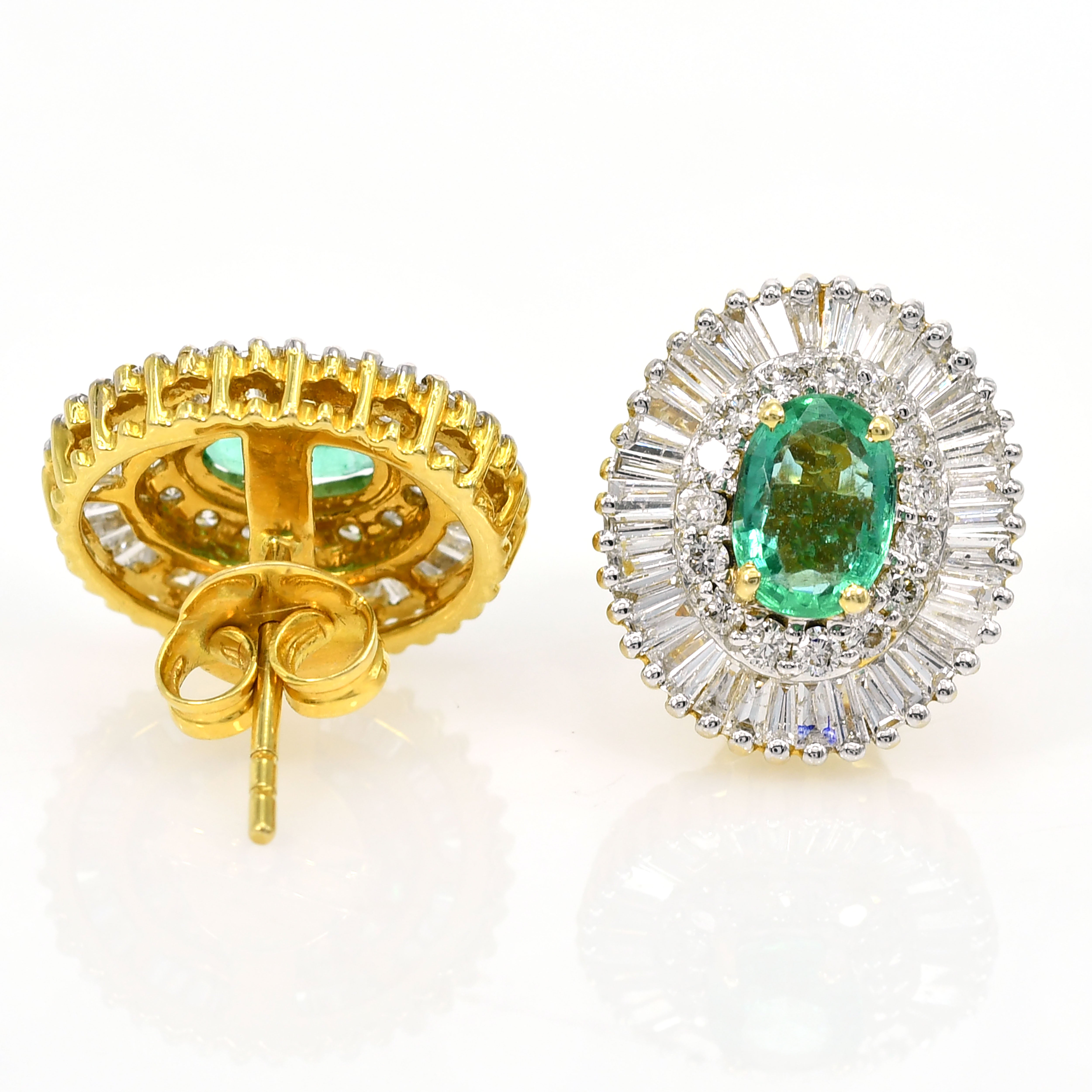 18k Yellow Gold Oval Natural Emerald & Diamond Earrings