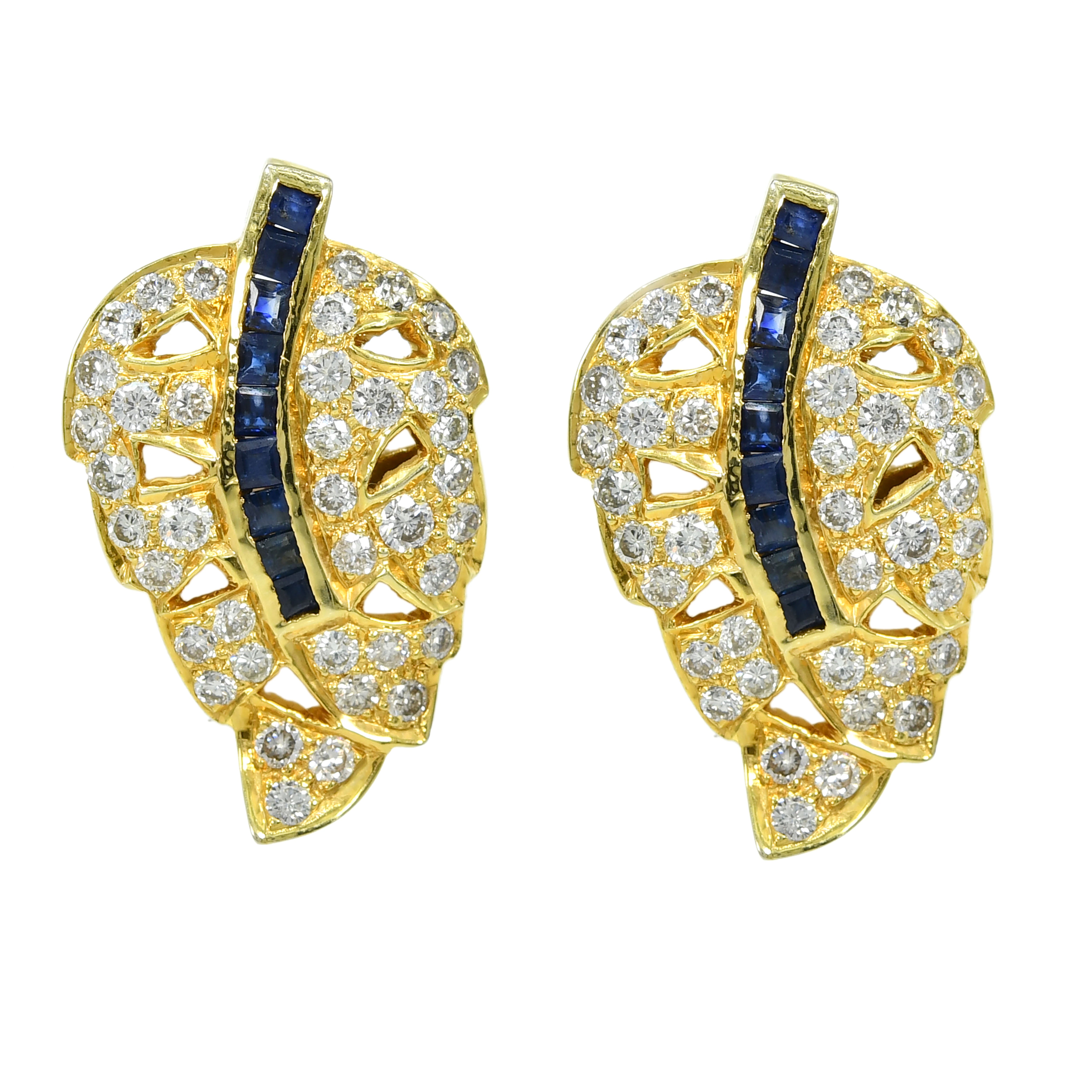 18k Yellow Gold Square Sapphire & Diamond Earrings