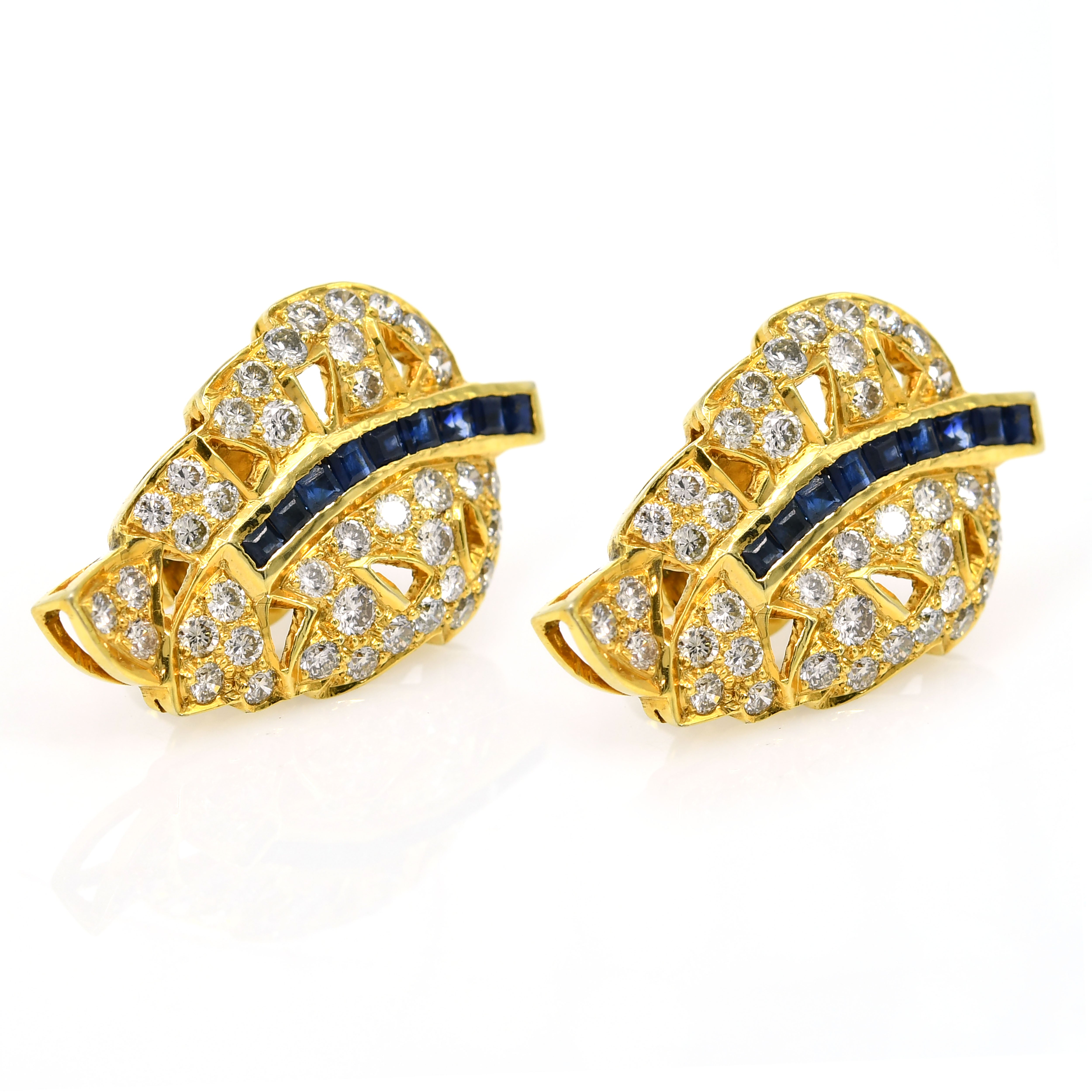 18k Yellow Gold Square Sapphire & Diamond Earrings