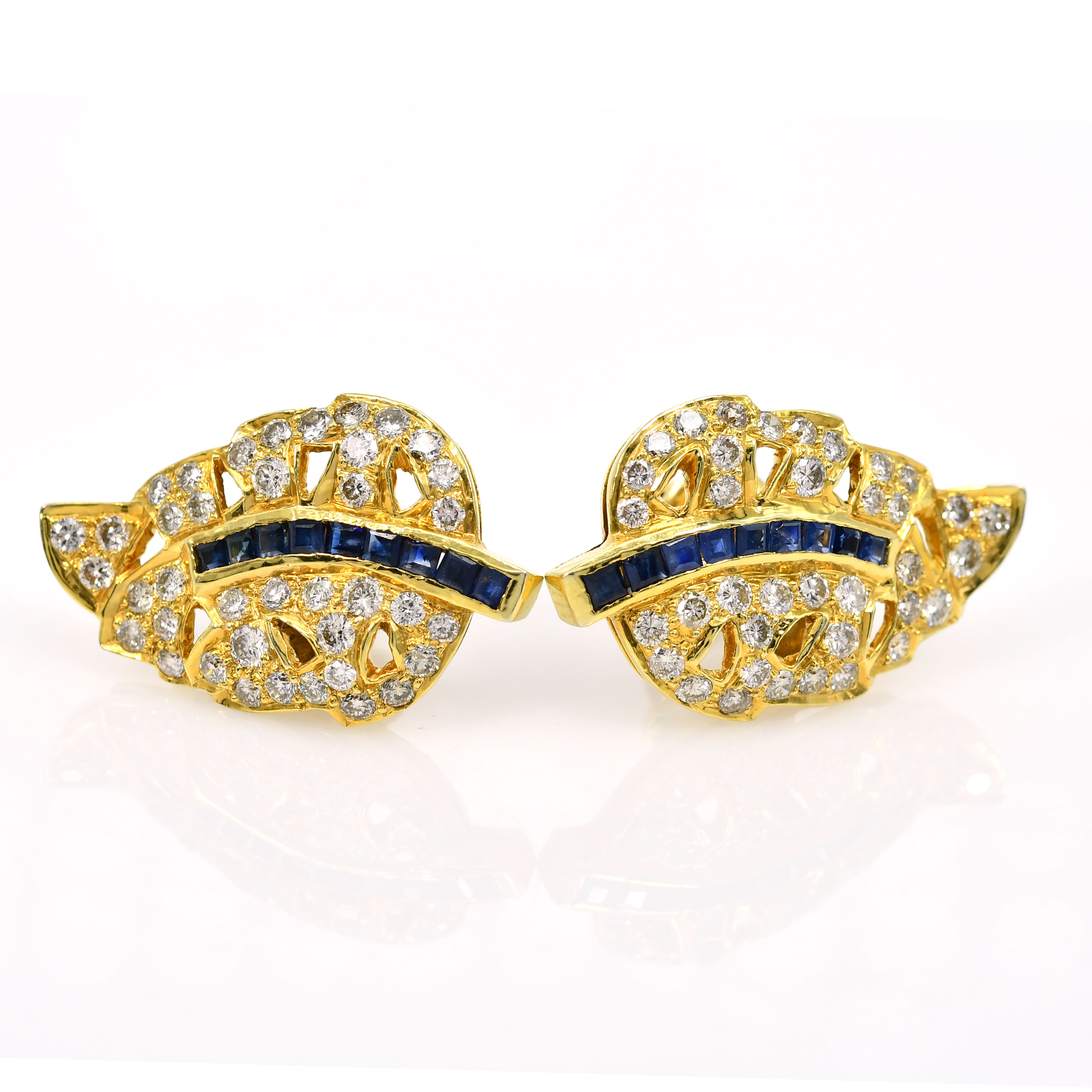 18k Yellow Gold Square Sapphire & Diamond Earrings