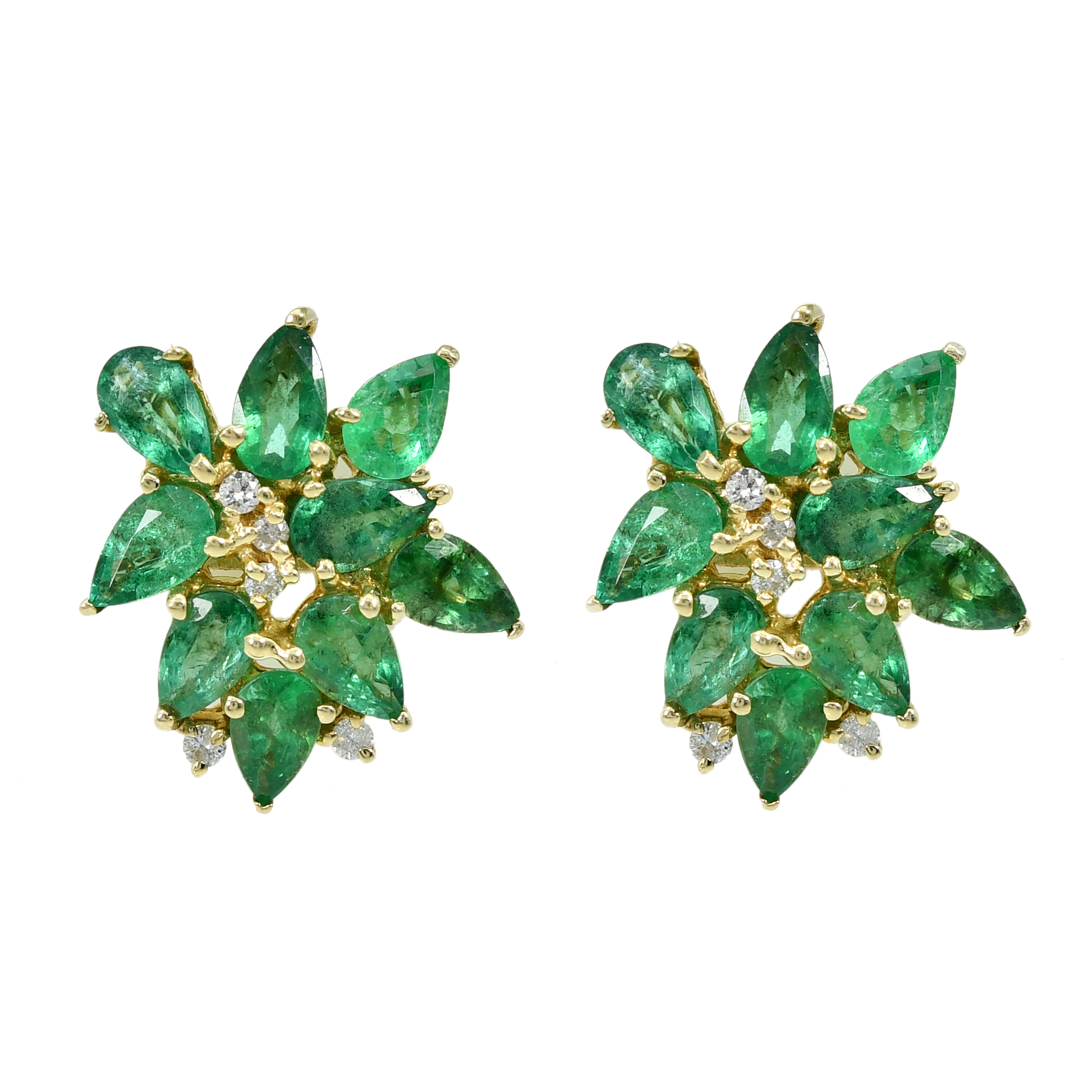 14k Yellow Gold Round Diamond & Emerald Earrings