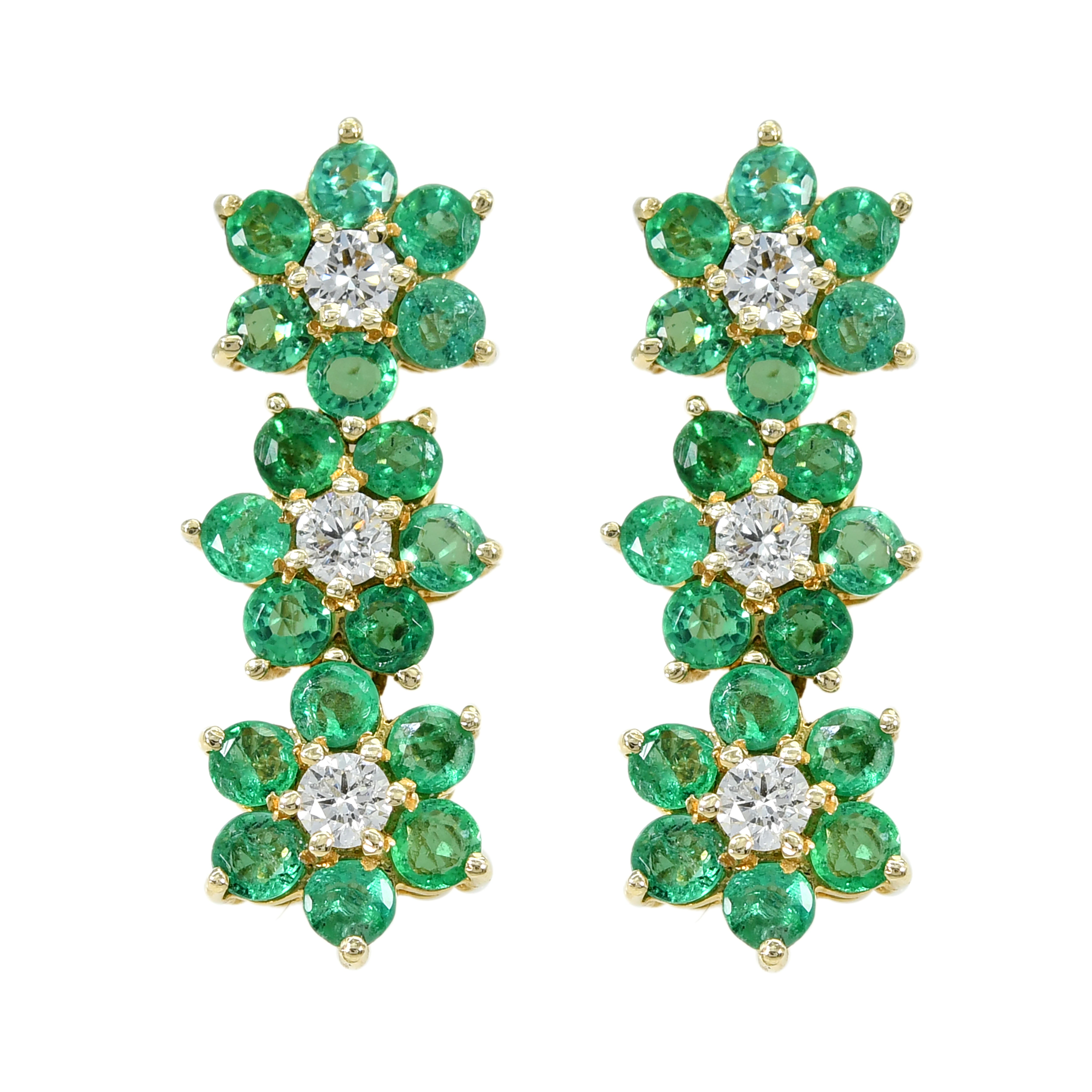14k Yellow Gold Long Dangling Emerald & Diamond Earrings
