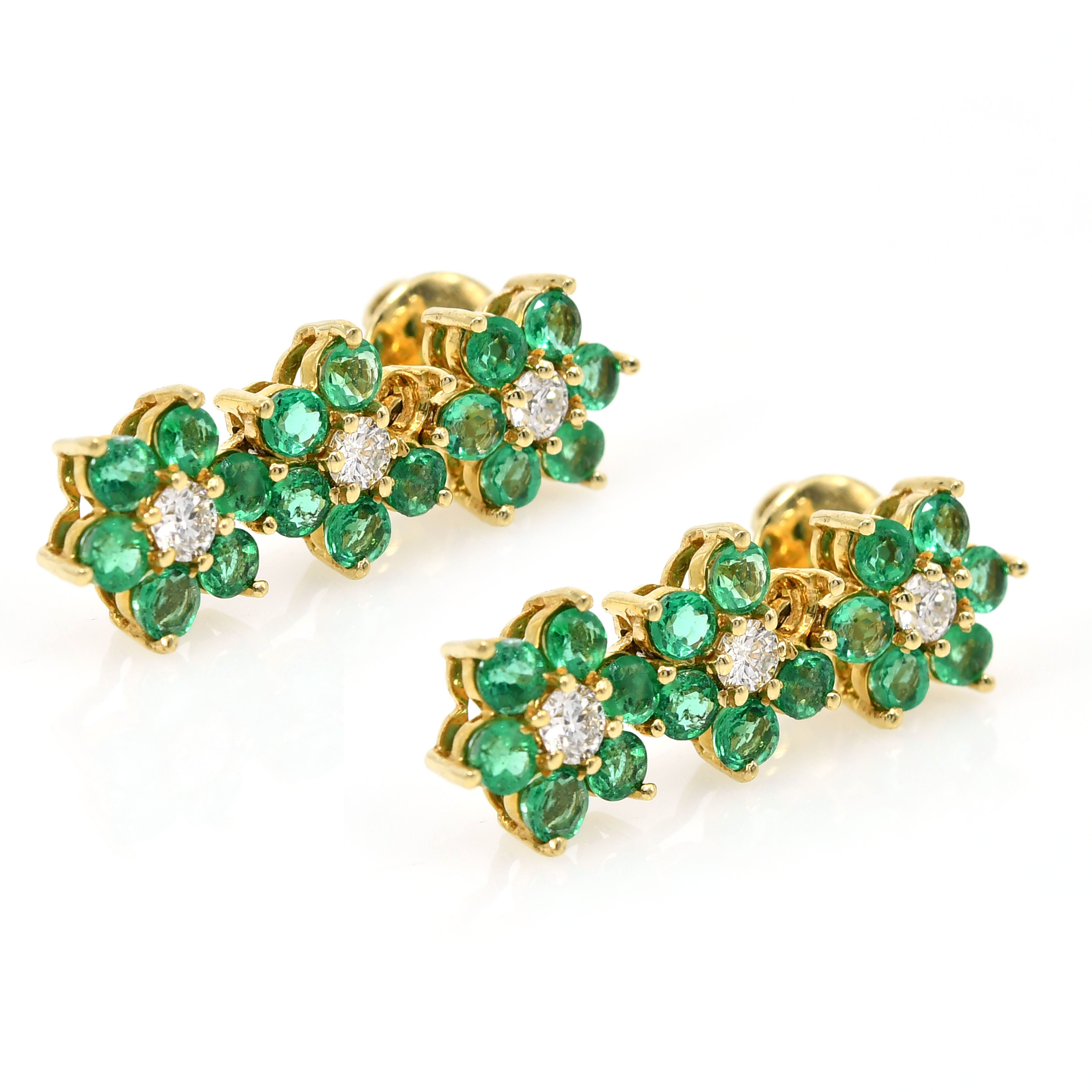 14k Yellow Gold Long Dangling Emerald & Diamond Earrings