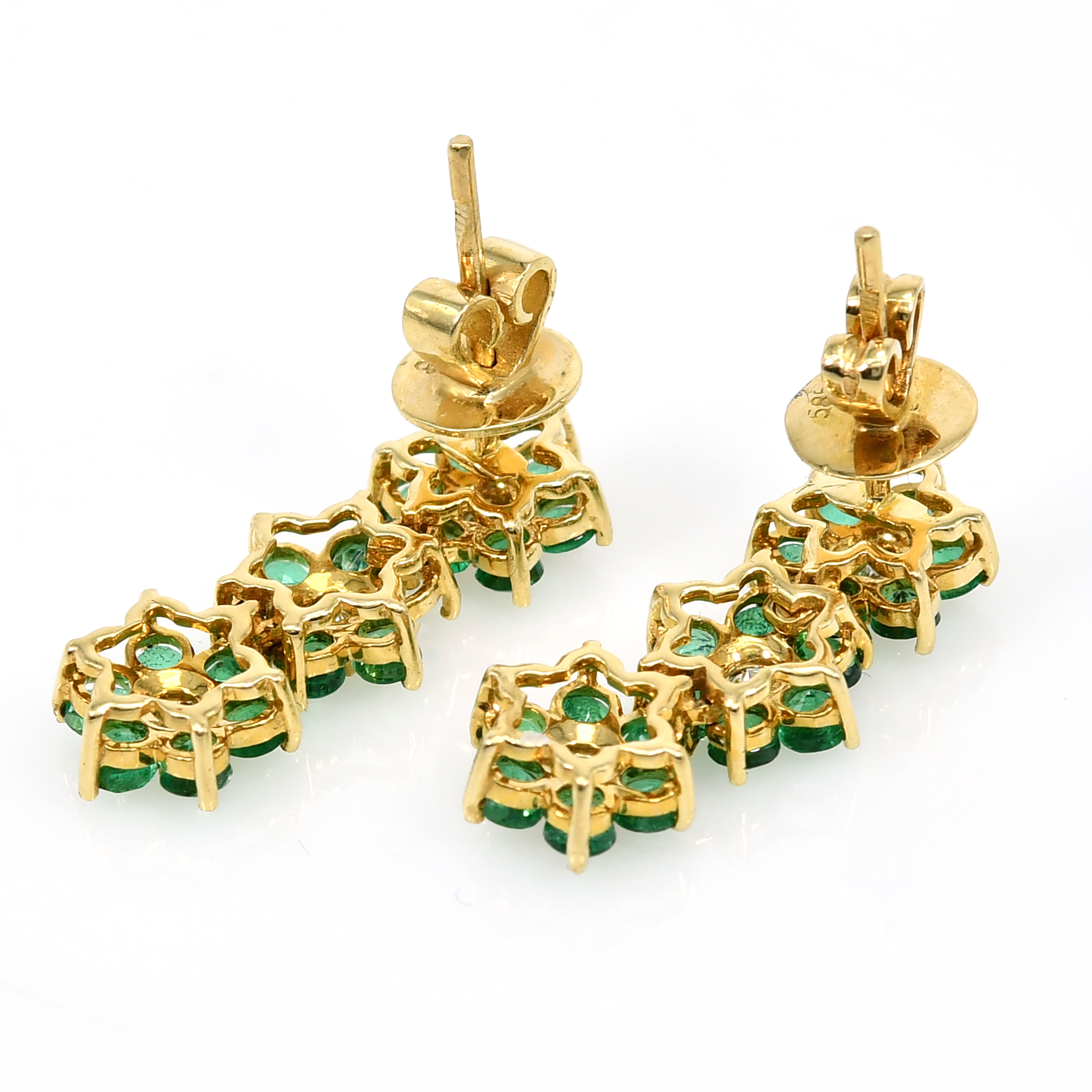 14k Yellow Gold Long Dangling Emerald & Diamond Earrings