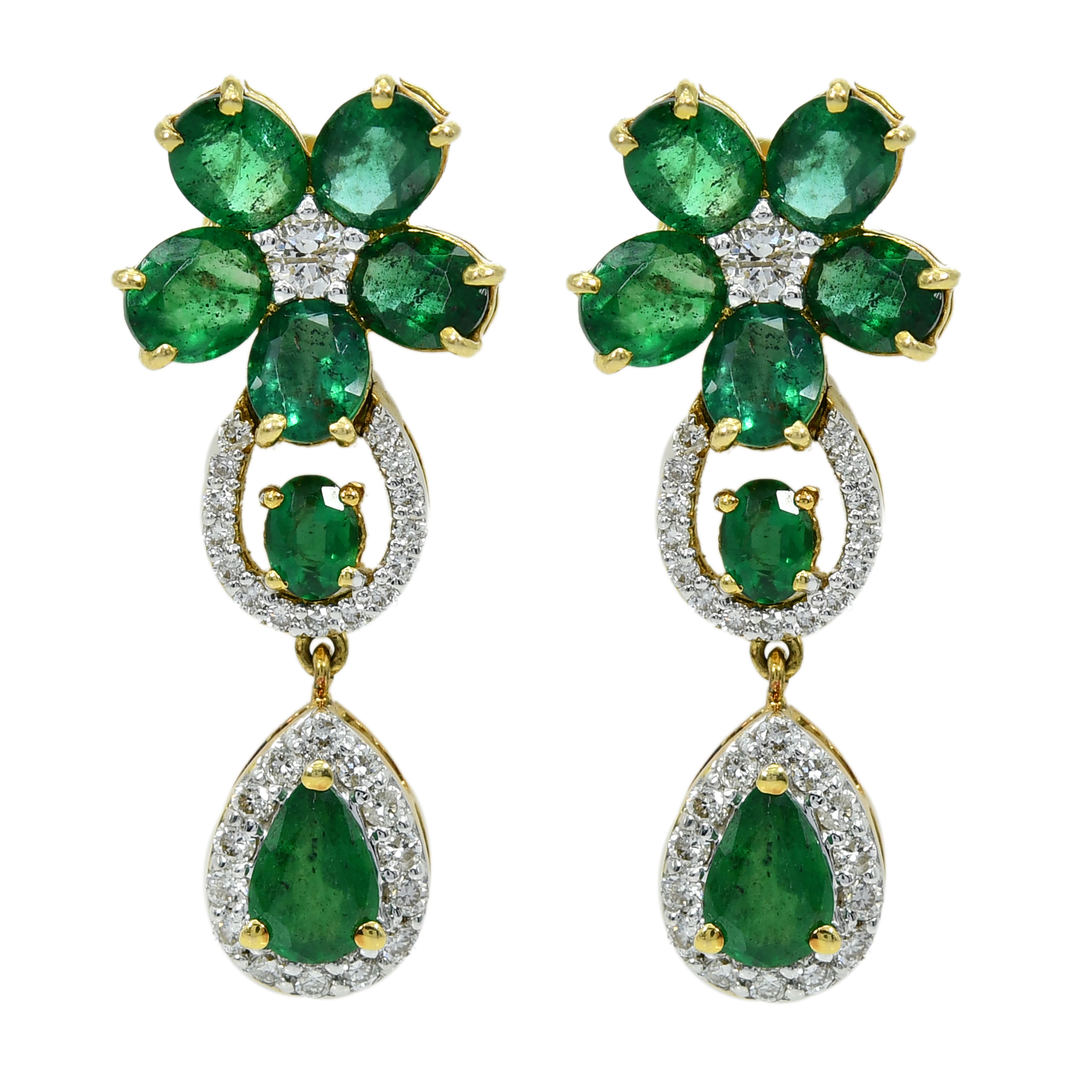 18k Yellow Gold Oval Cut Emerald & Diamond Earrings