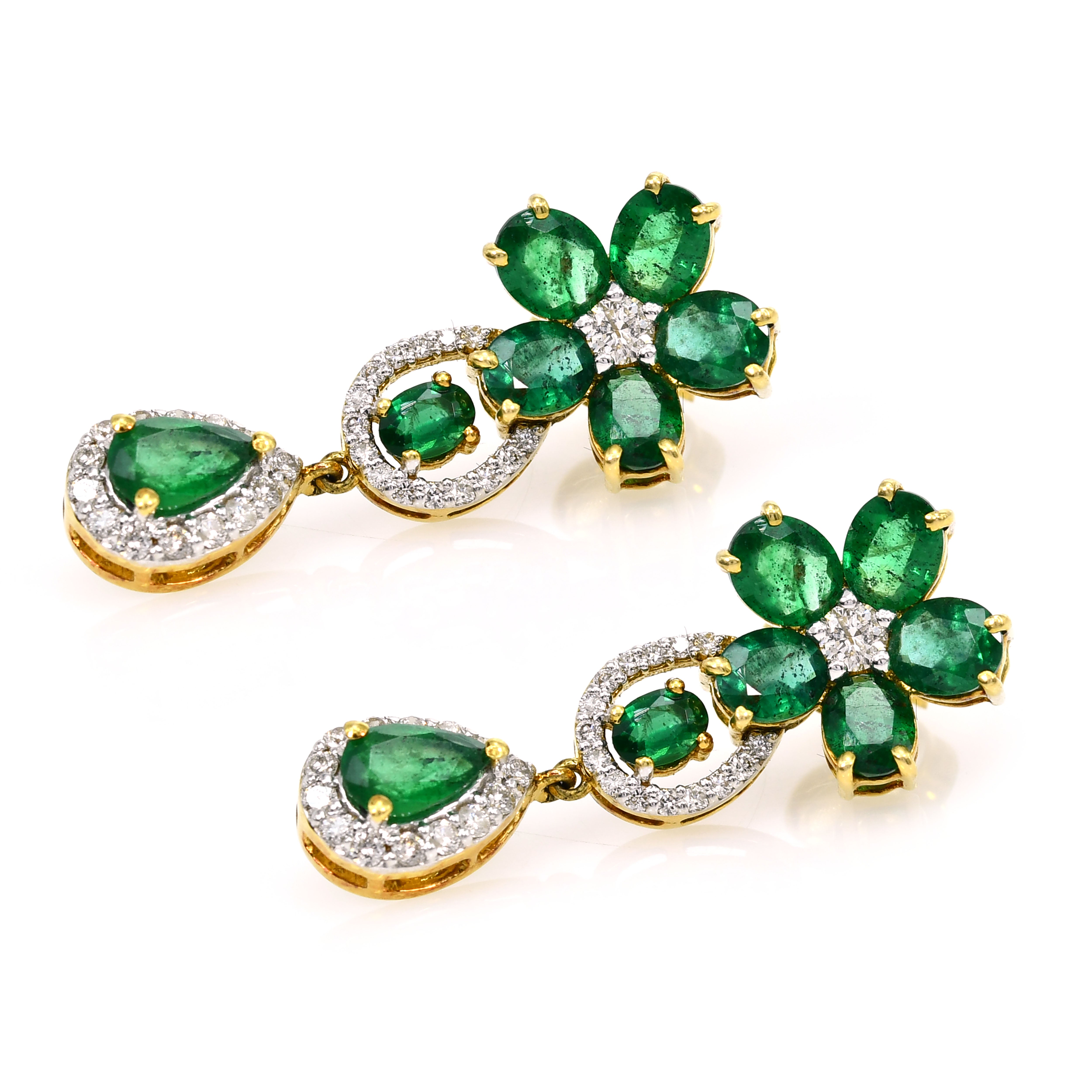 18k Yellow Gold Oval Cut Emerald & Diamond Earrings