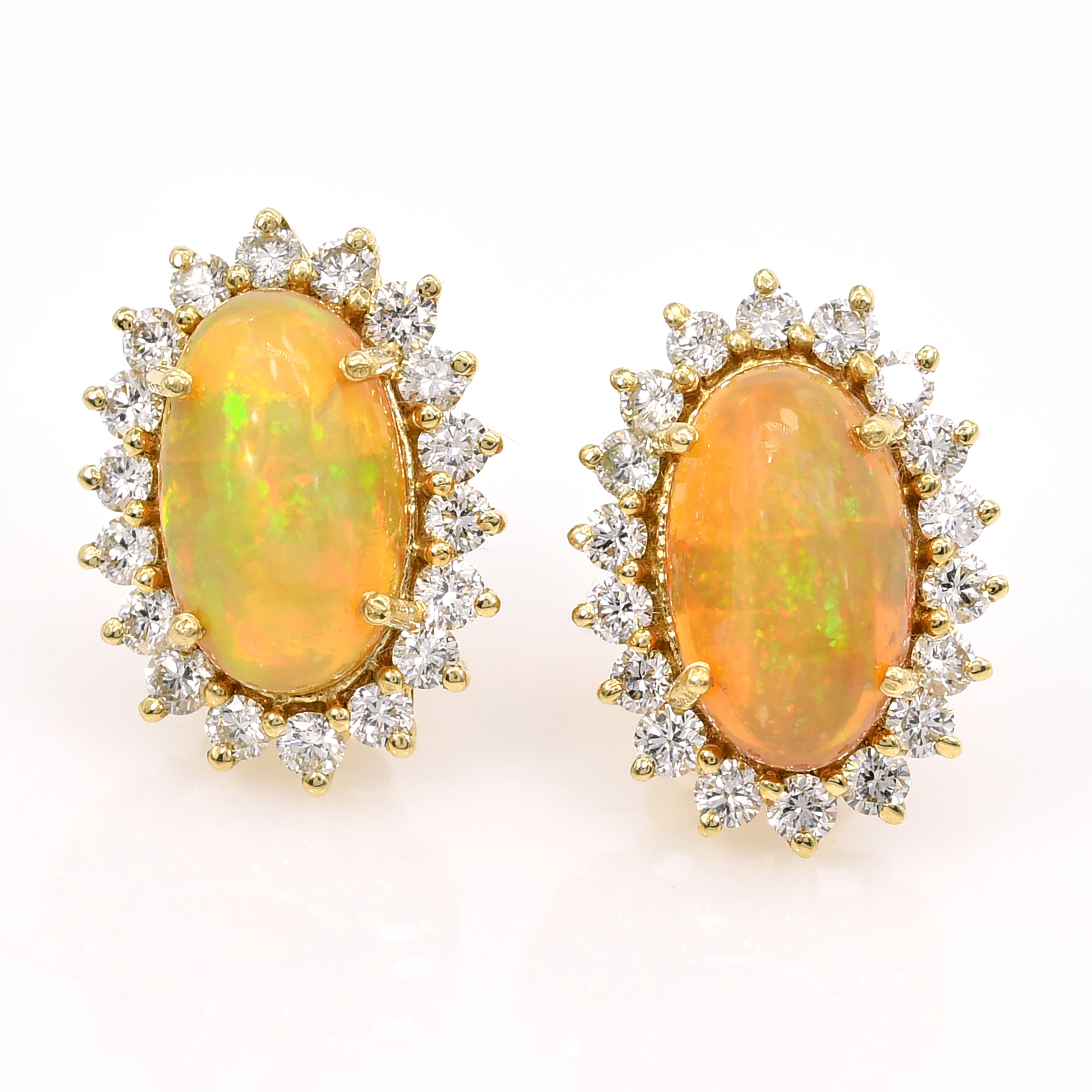 14k Yellow Gold Opal Studs with Diamond Cluster