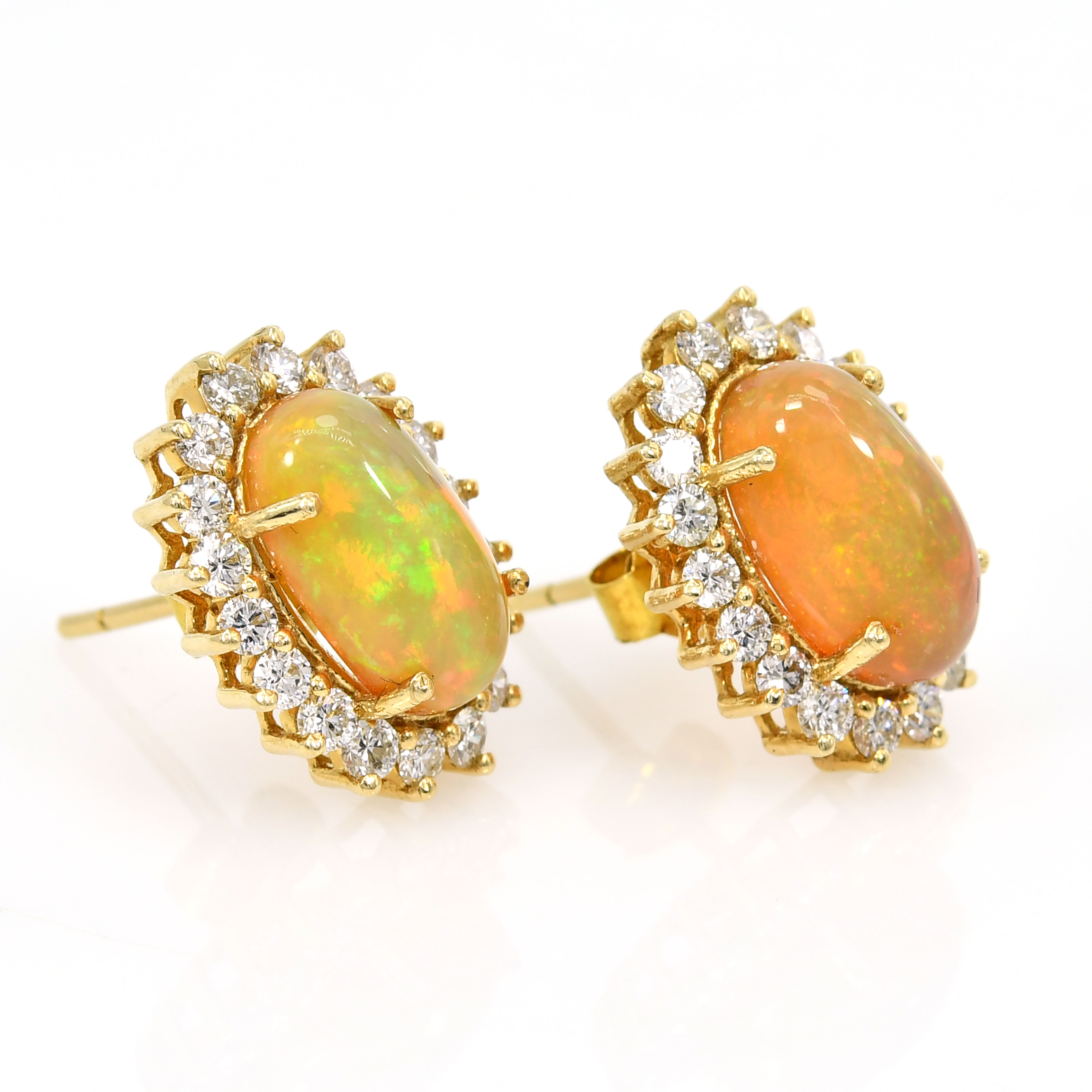 14k Yellow Gold Opal Studs with Diamond Cluster