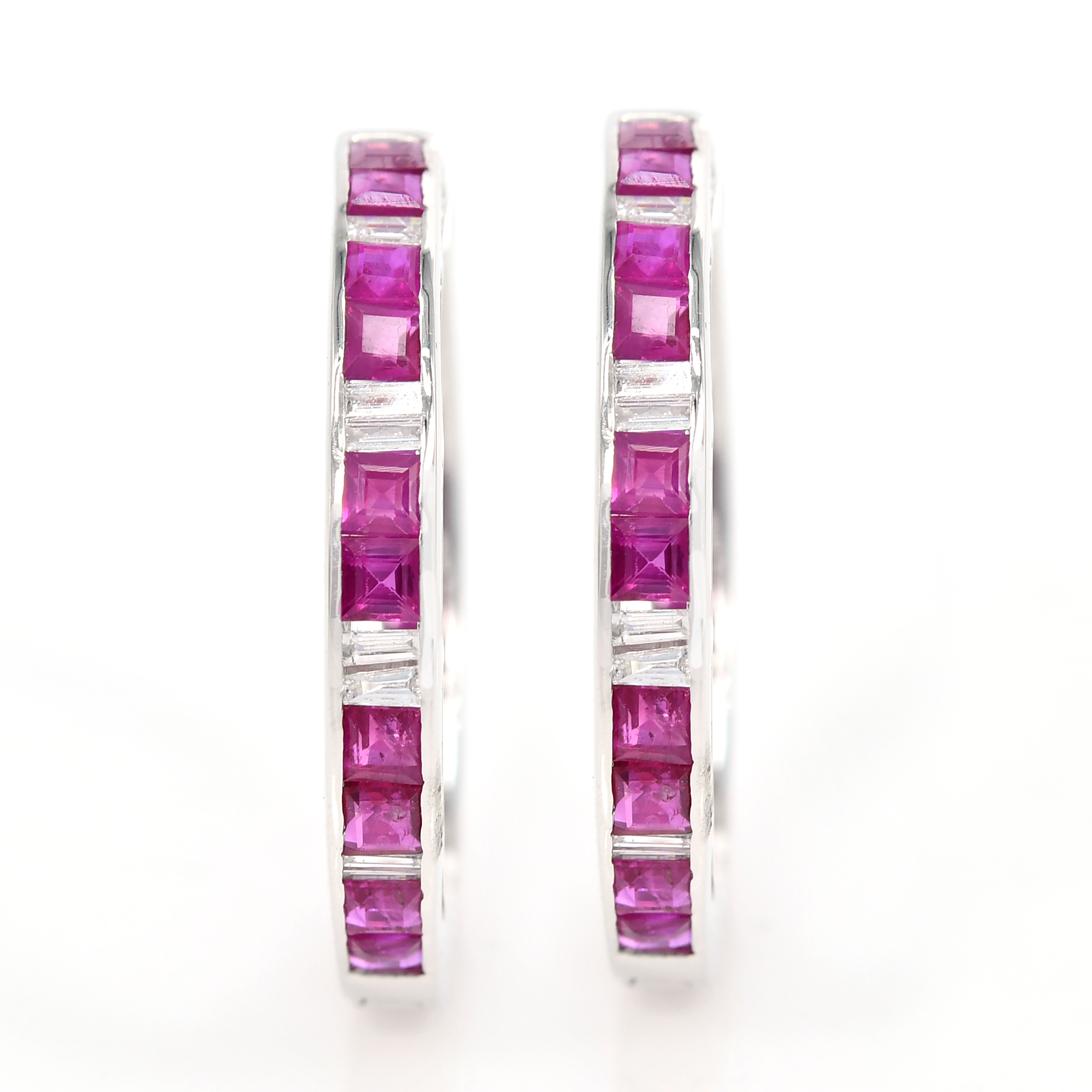 Natural Ruby Diamond Hoop Earrings, Huggie Hoops, 18k Solid White Gold, Thick in Baguette Tapered Cut