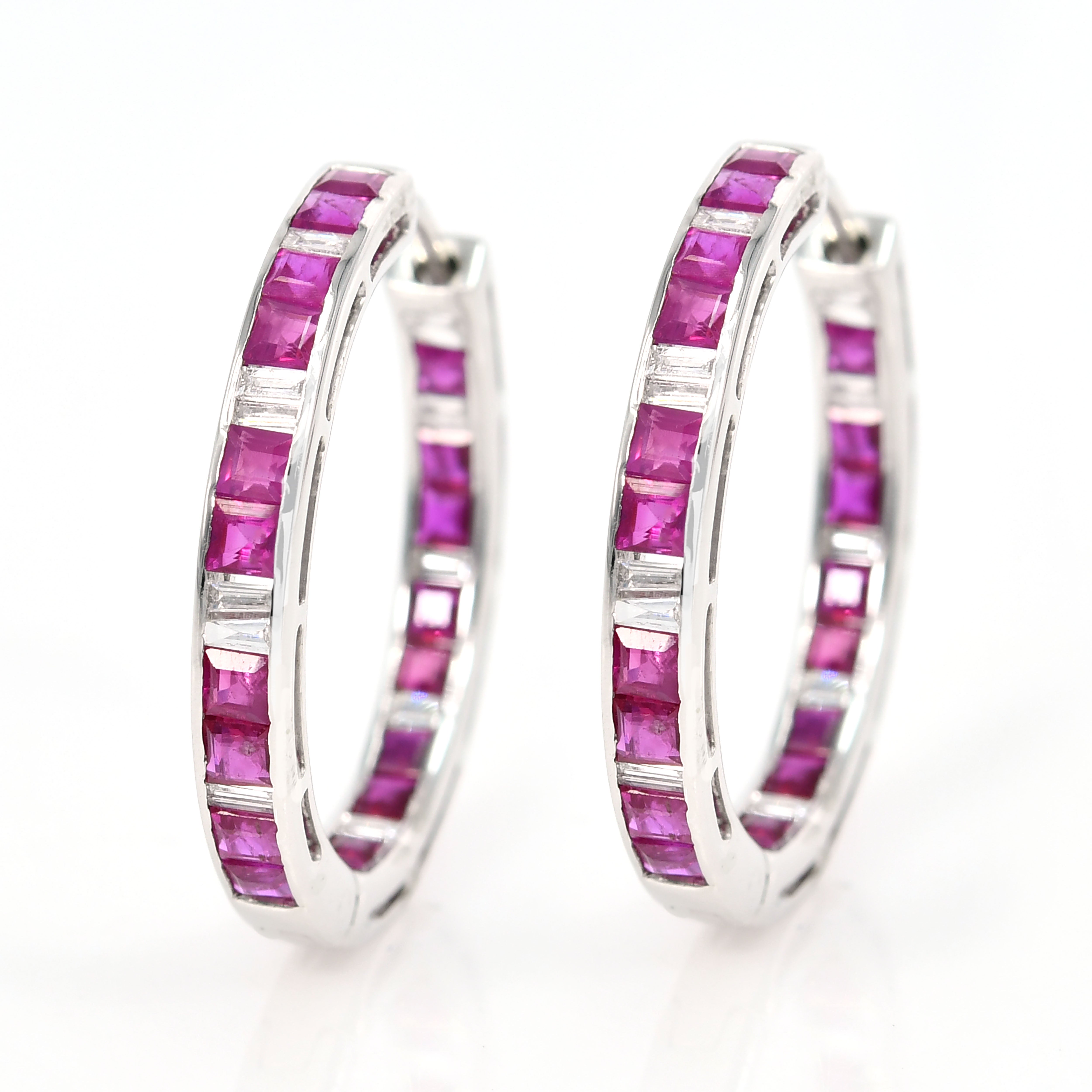 Natural Ruby Diamond Hoop Earrings, Huggie Hoops, 18k Solid White Gold, Thick in Baguette Tapered Cut