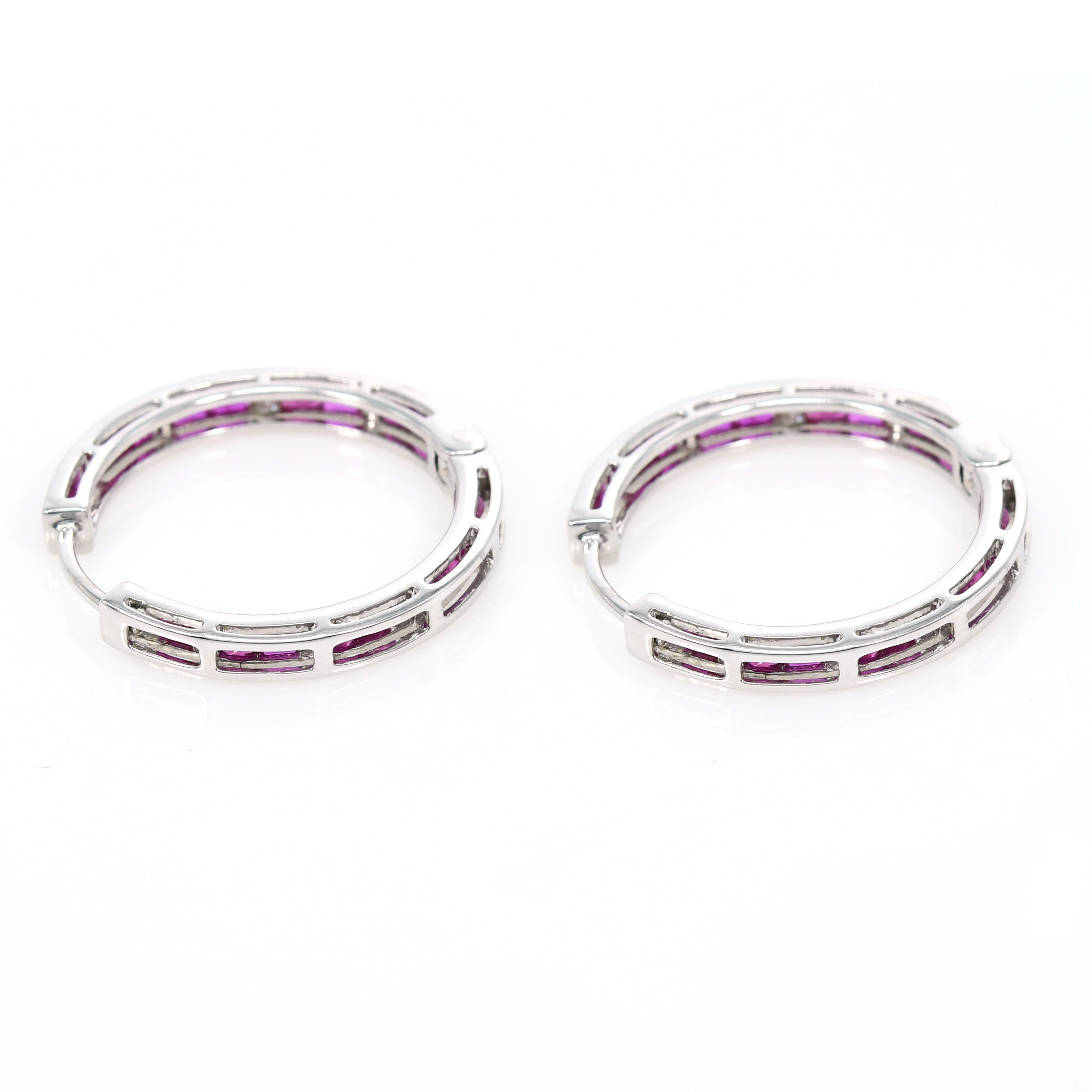 Natural Ruby Diamond Hoop Earrings, Huggie Hoops, 18k Solid White Gold, Thick in Baguette Tapered Cut